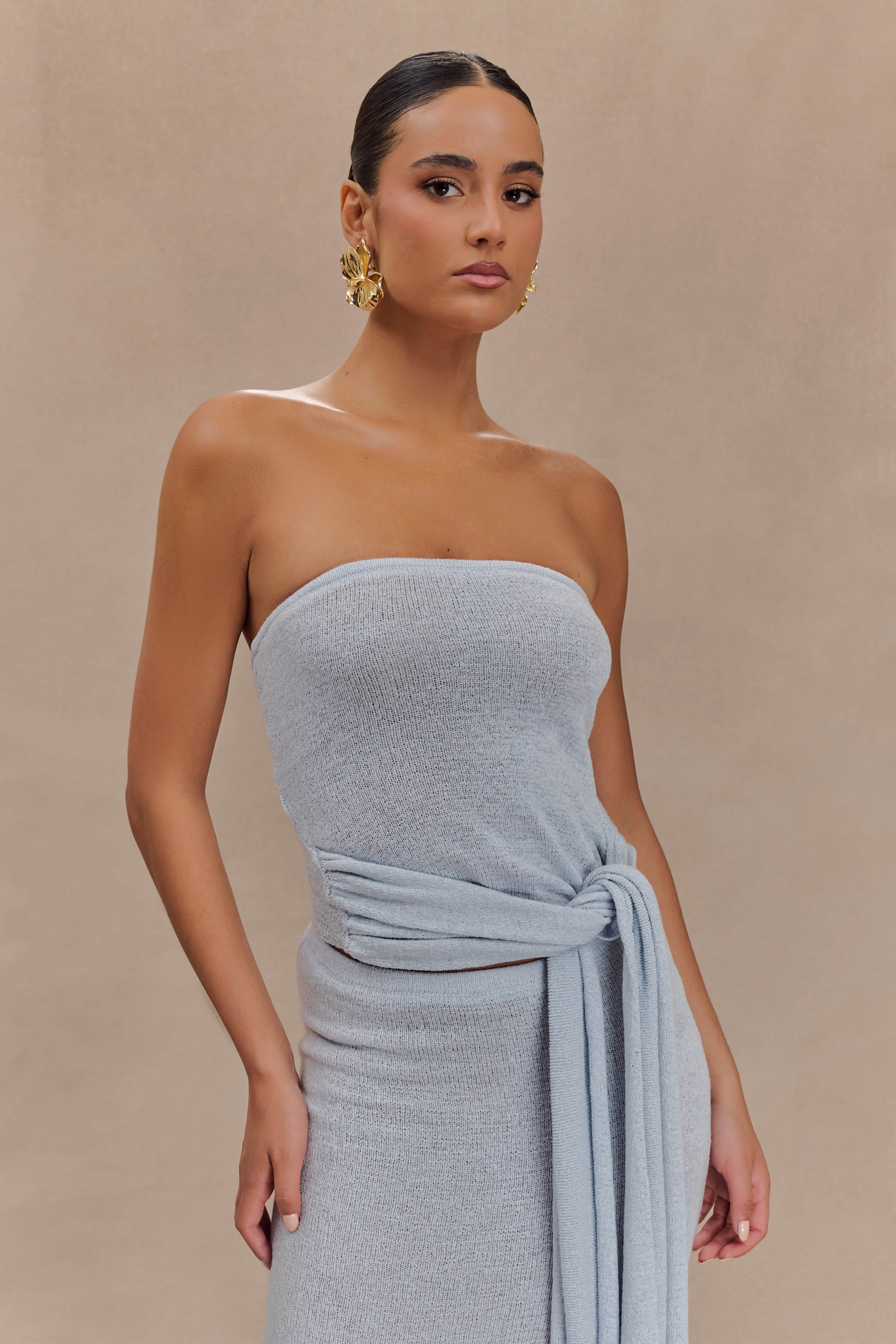 Strapless Knit Top with Tie Detail & Elastic Bust | Phoebe Ice Blue