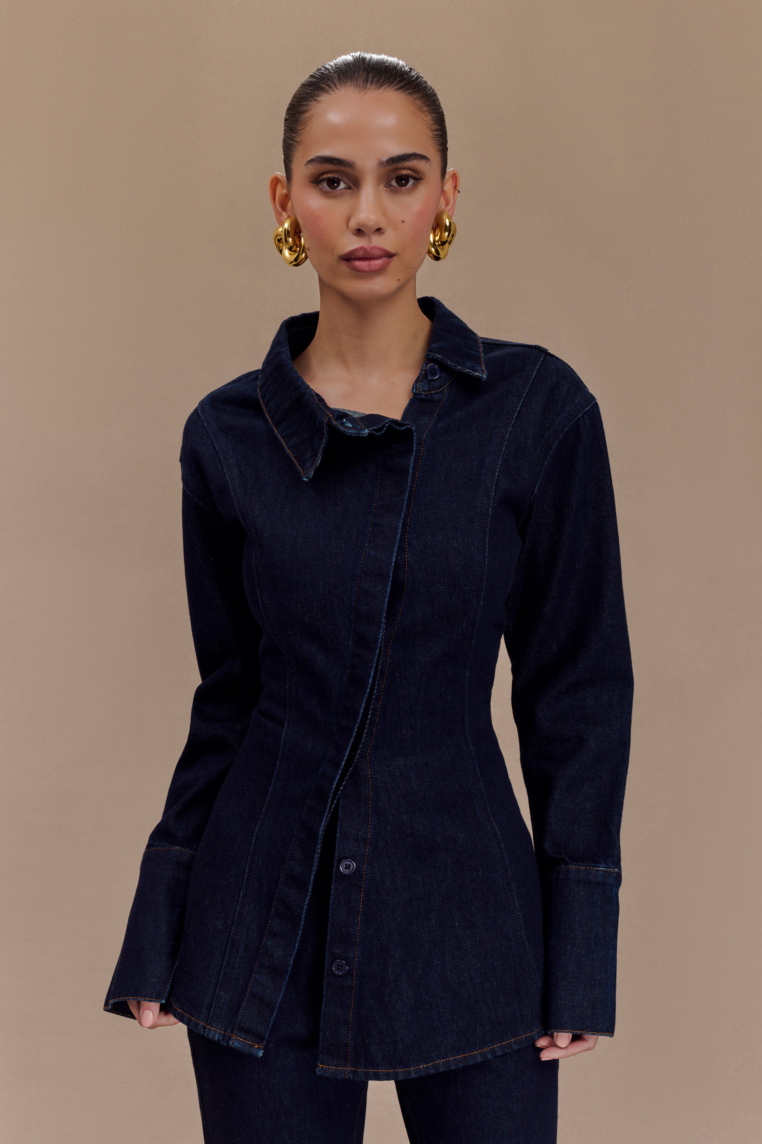 Asymmetrical Denim Shirt with Center Back Zip | Jericho Indigo Blue