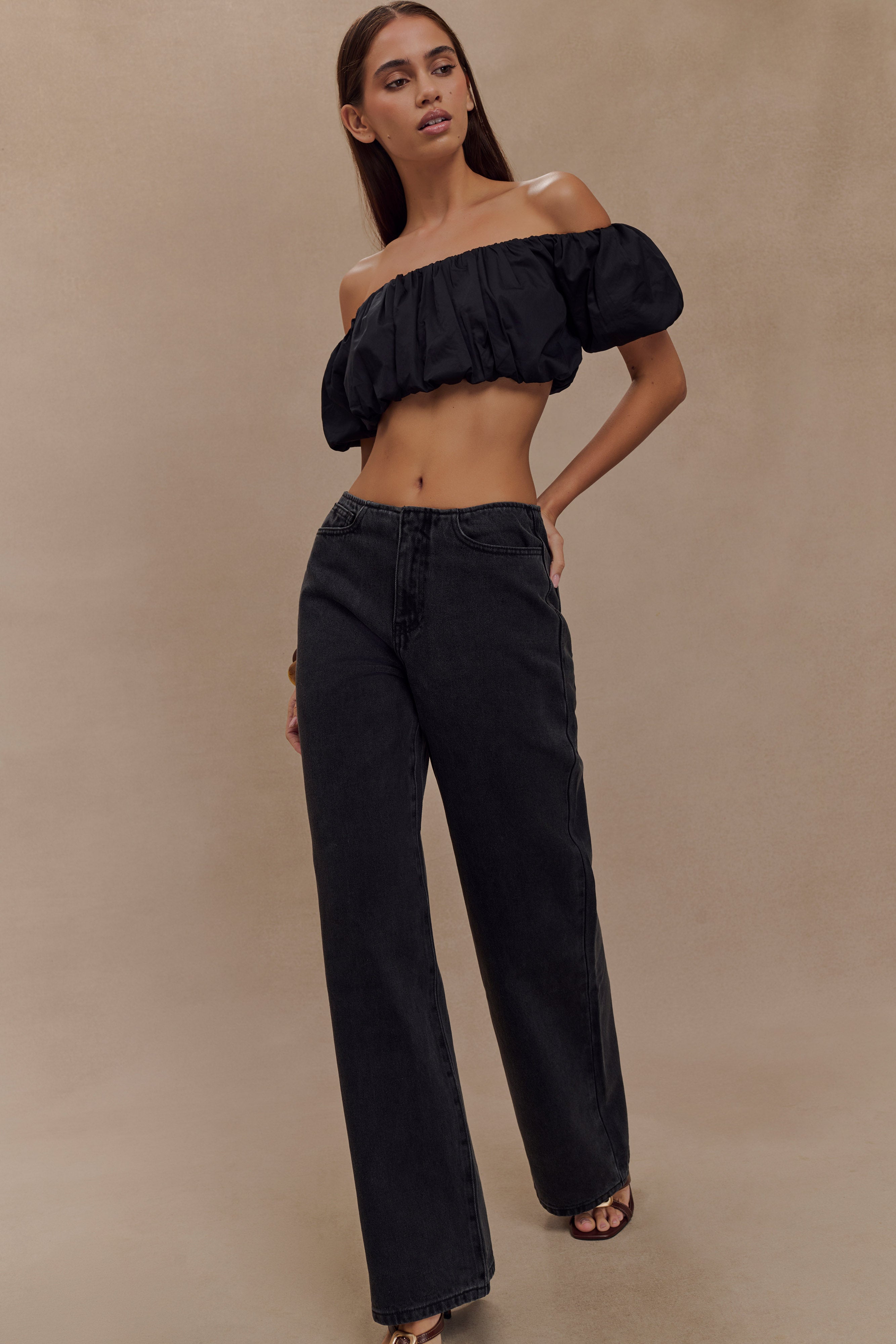 Mid Rise Flare Jeans for Women - Washed Black Denim | Caitlin
