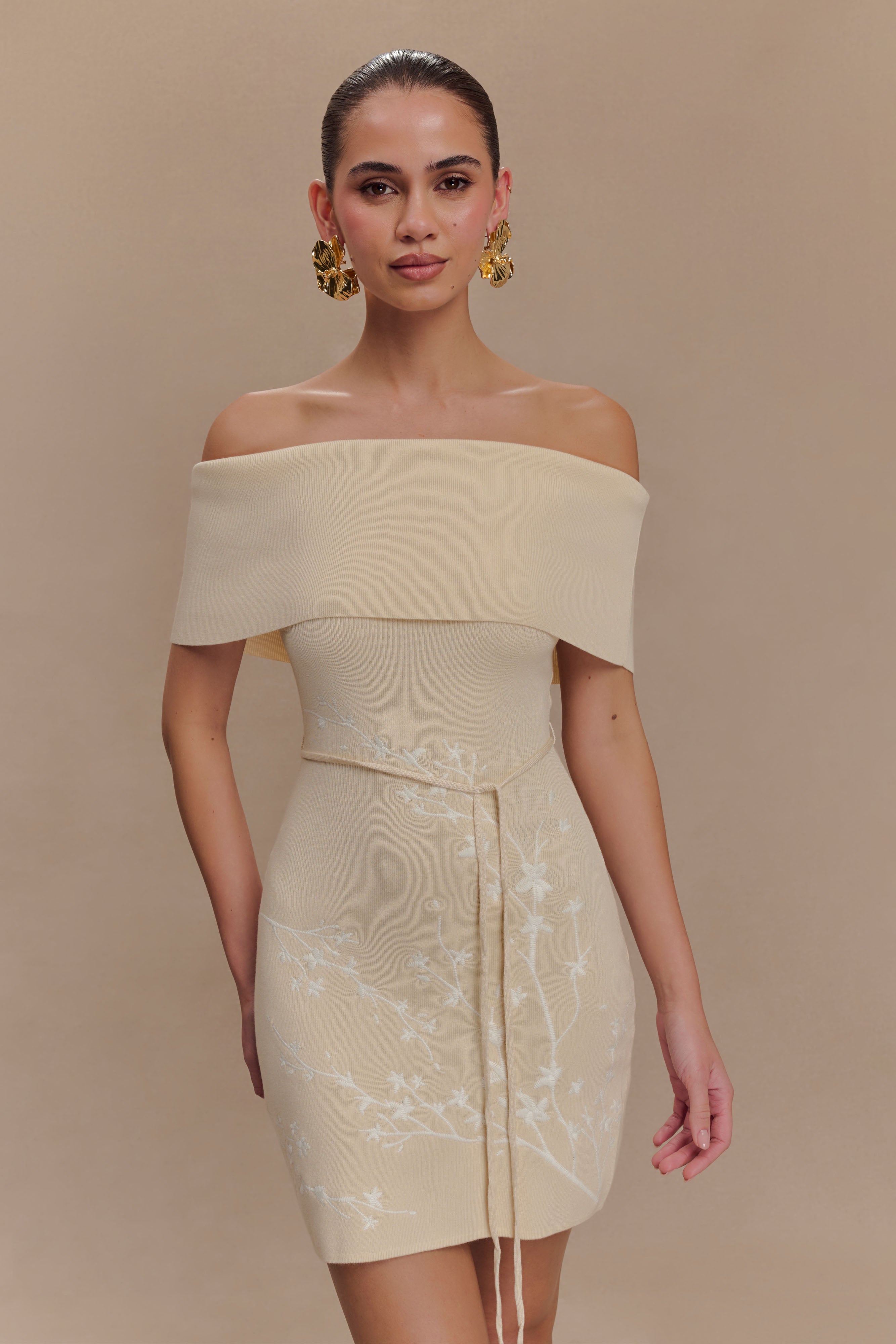 Off Shoulder Embroidered Mini Dress with Waist Tie | Mallory