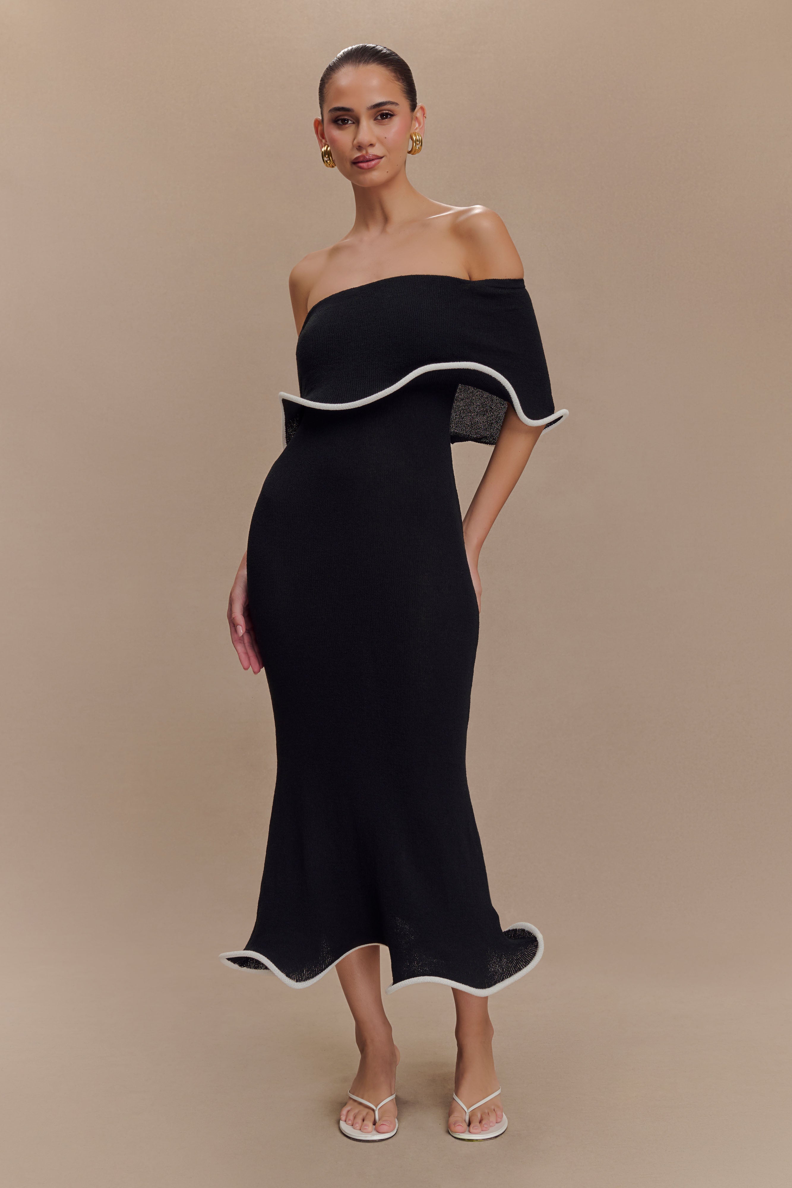 Off Shoulder Knit Midi Dress - Bodycon with Ripple Hem | Molly