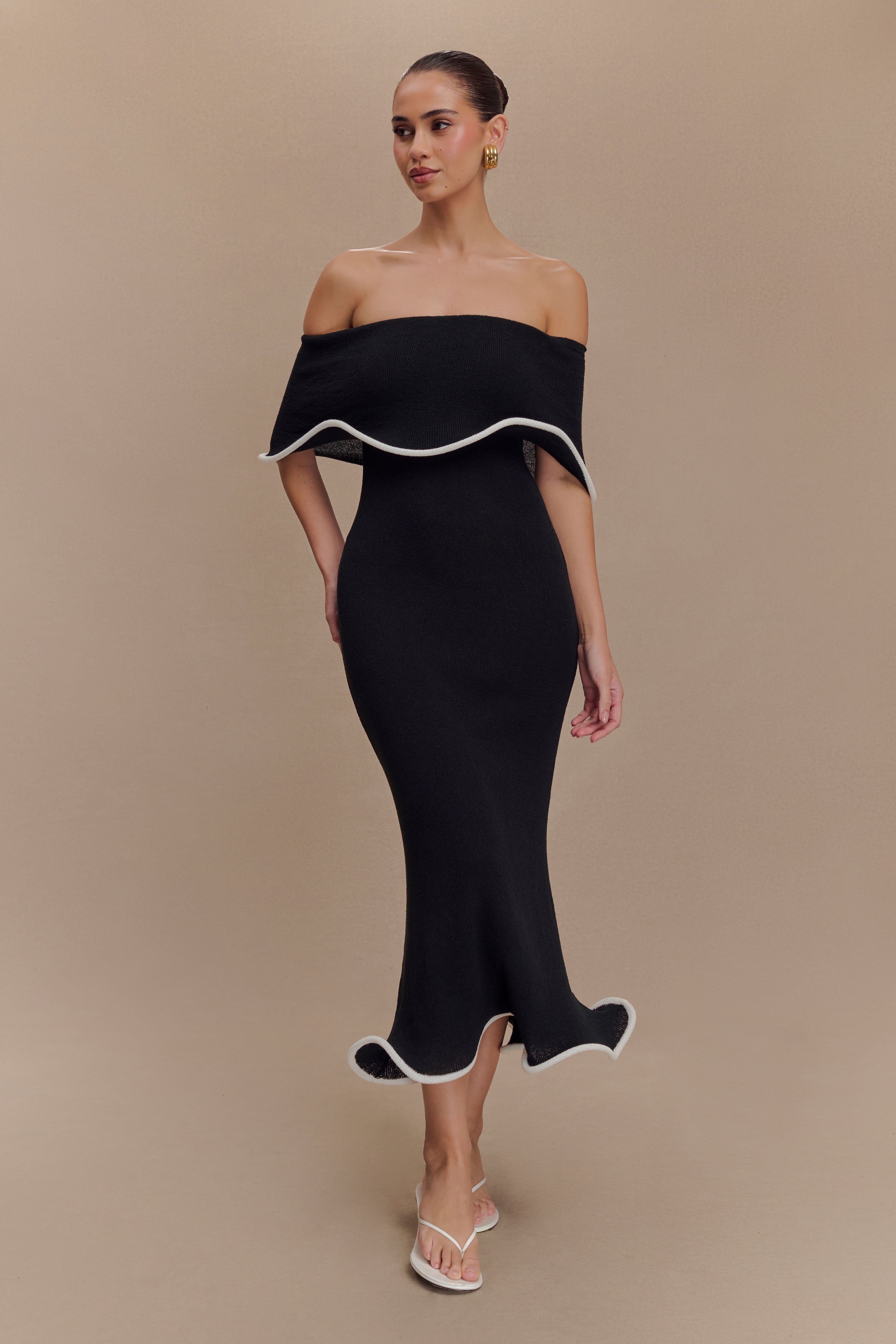Off Shoulder Knit Midi Dress - Bodycon with Ripple Hem | Molly
