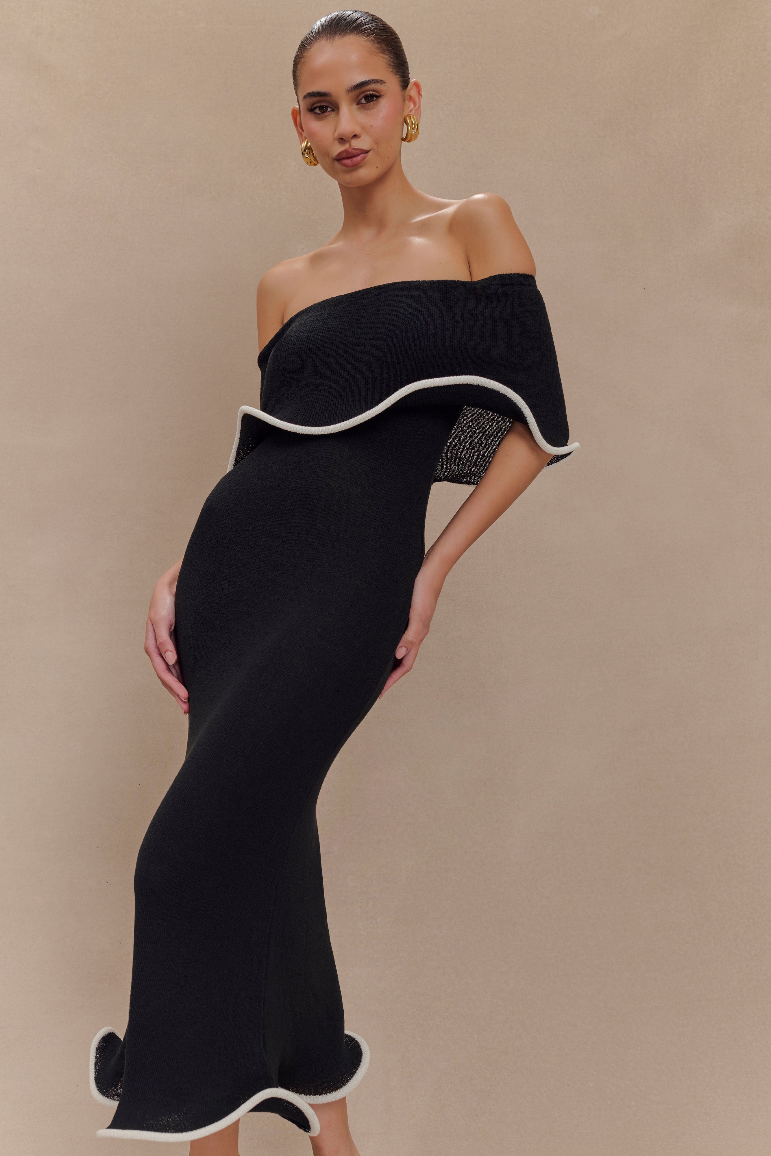 Off Shoulder Knit Midi Dress - Bodycon with Ripple Hem | Molly