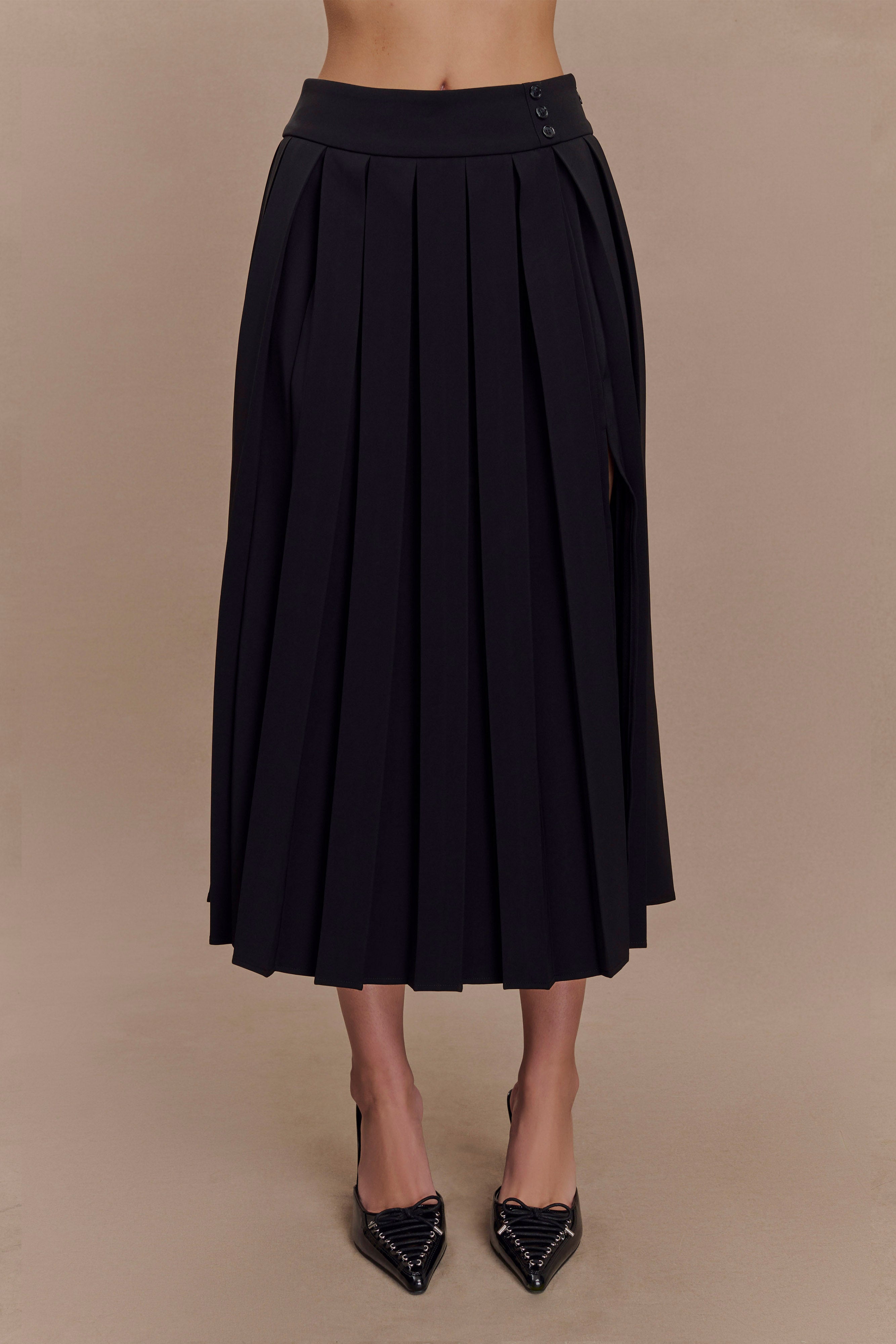 Pleated Midi Skirt with High Waist & Side Zip | Sunny Black