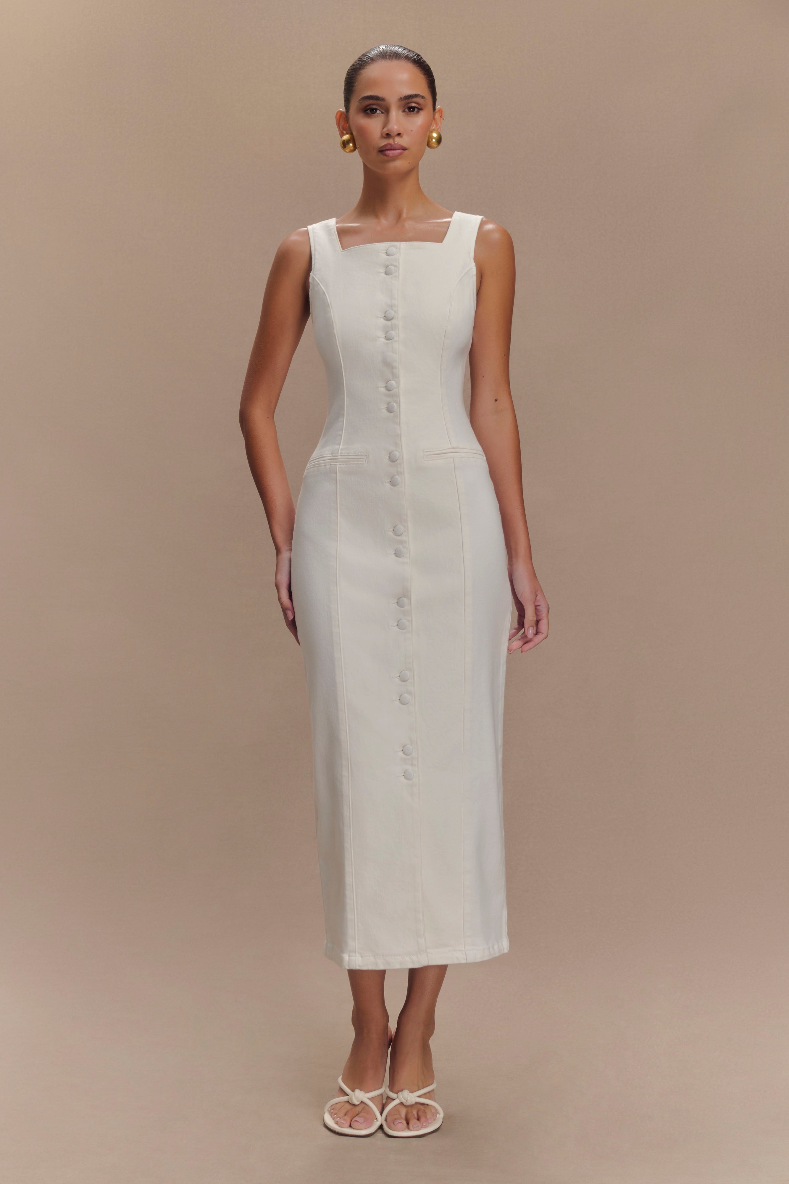 Denim Midi Dress with Button Front & Pockets | Reyna White