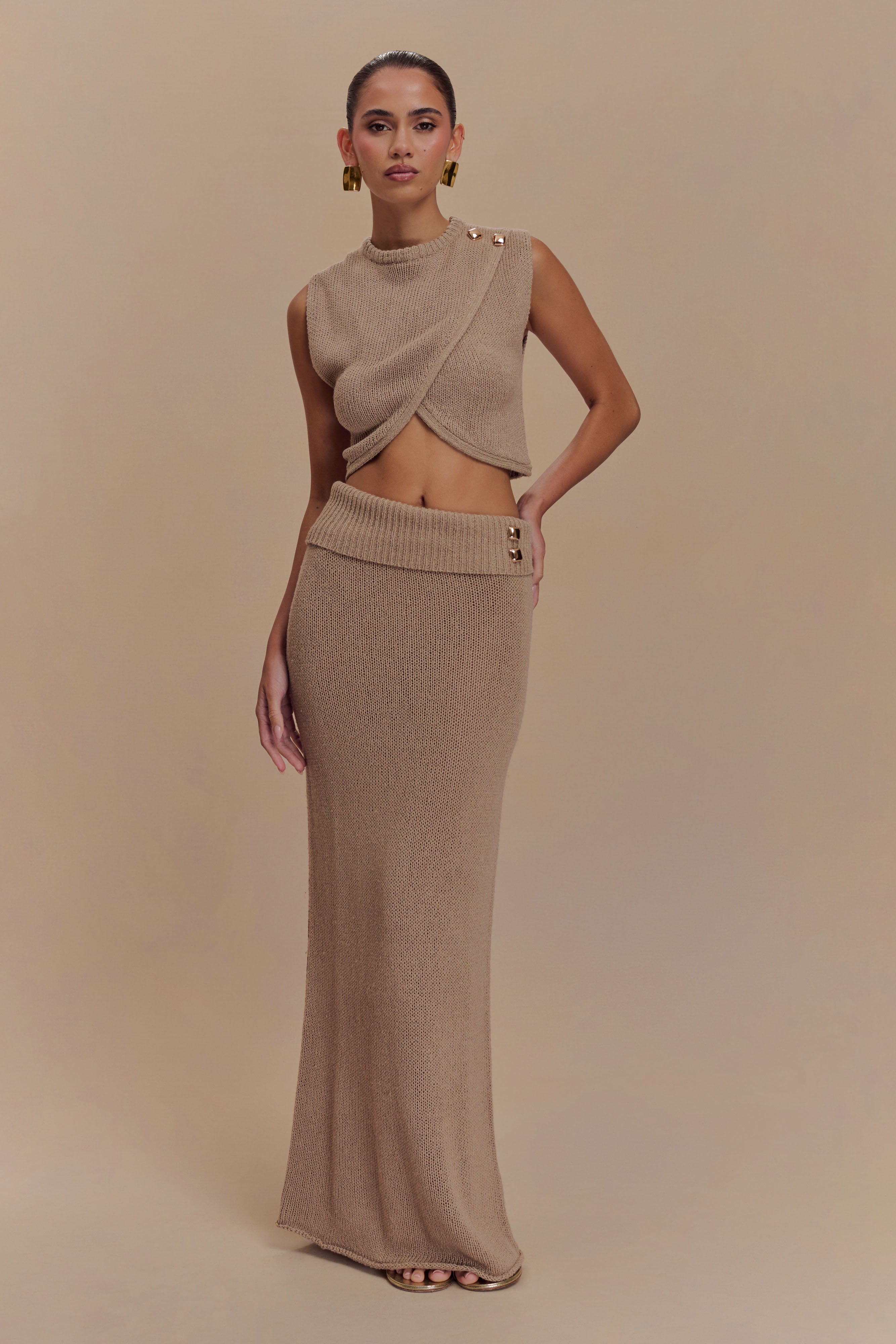Knit Maxi Skirt with Waist Overlay Detail | Sloane - Latte