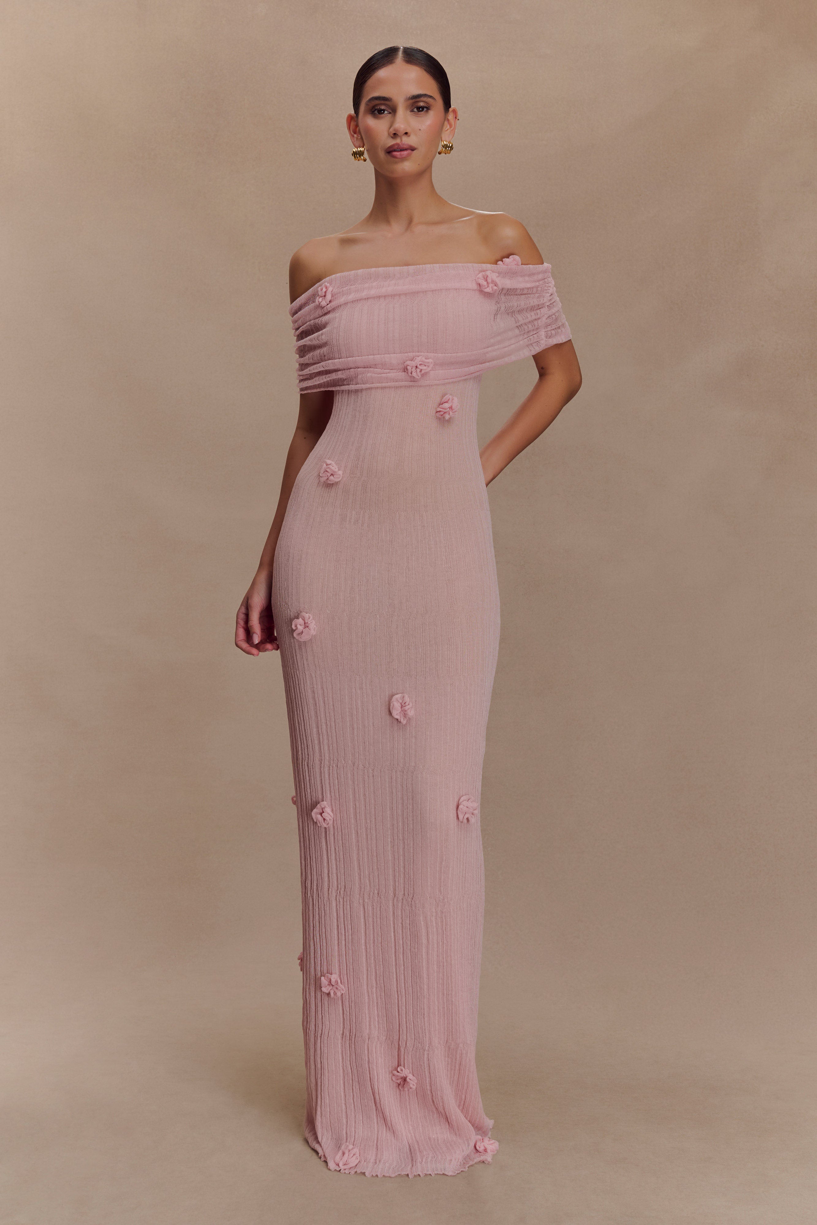 Off-the-Shoulder Knit Maxi Dress with Floral Appliqués | Brynn