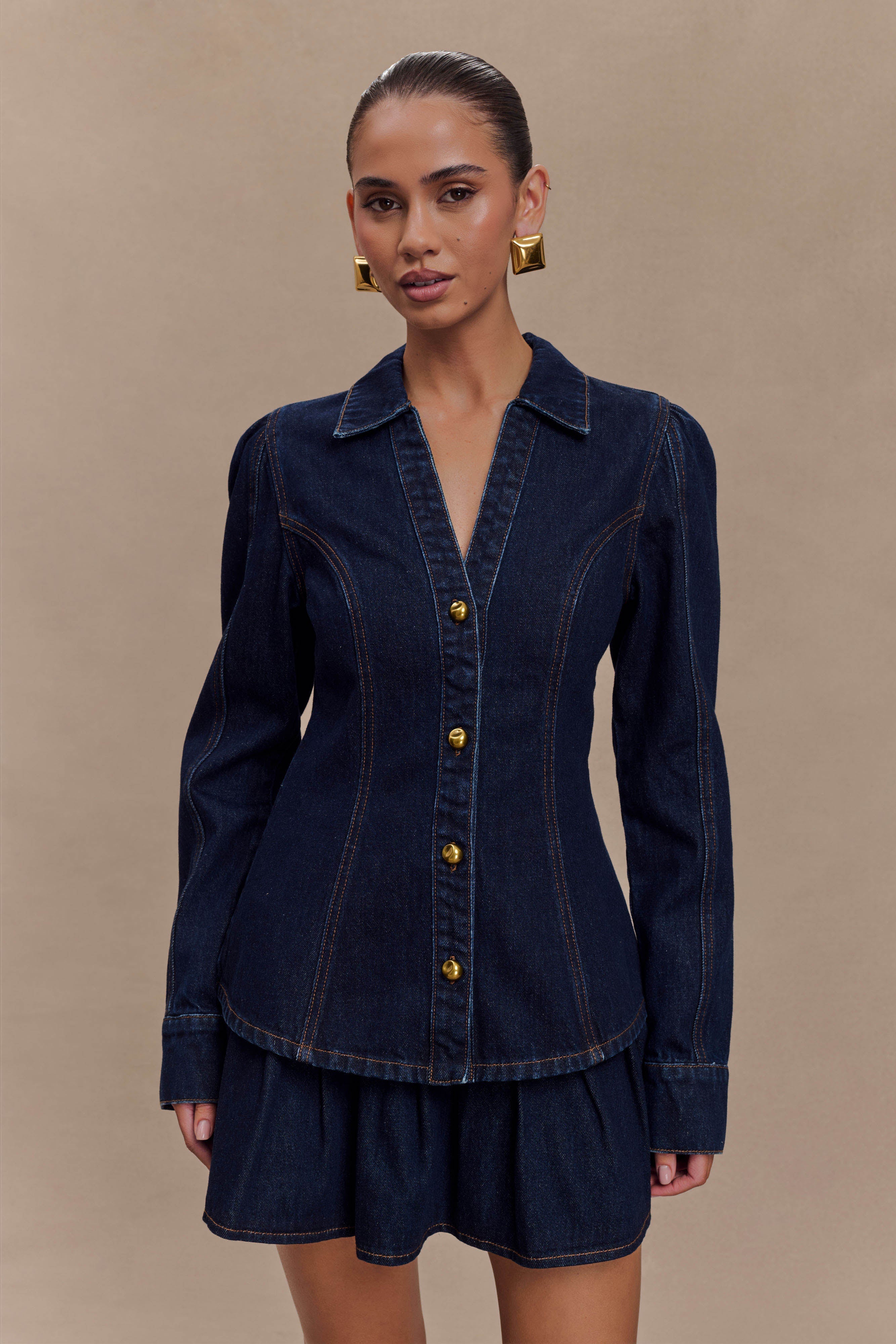 Long Sleeve Denim Top with Collared Neckline & Fitted Waist | Hilary