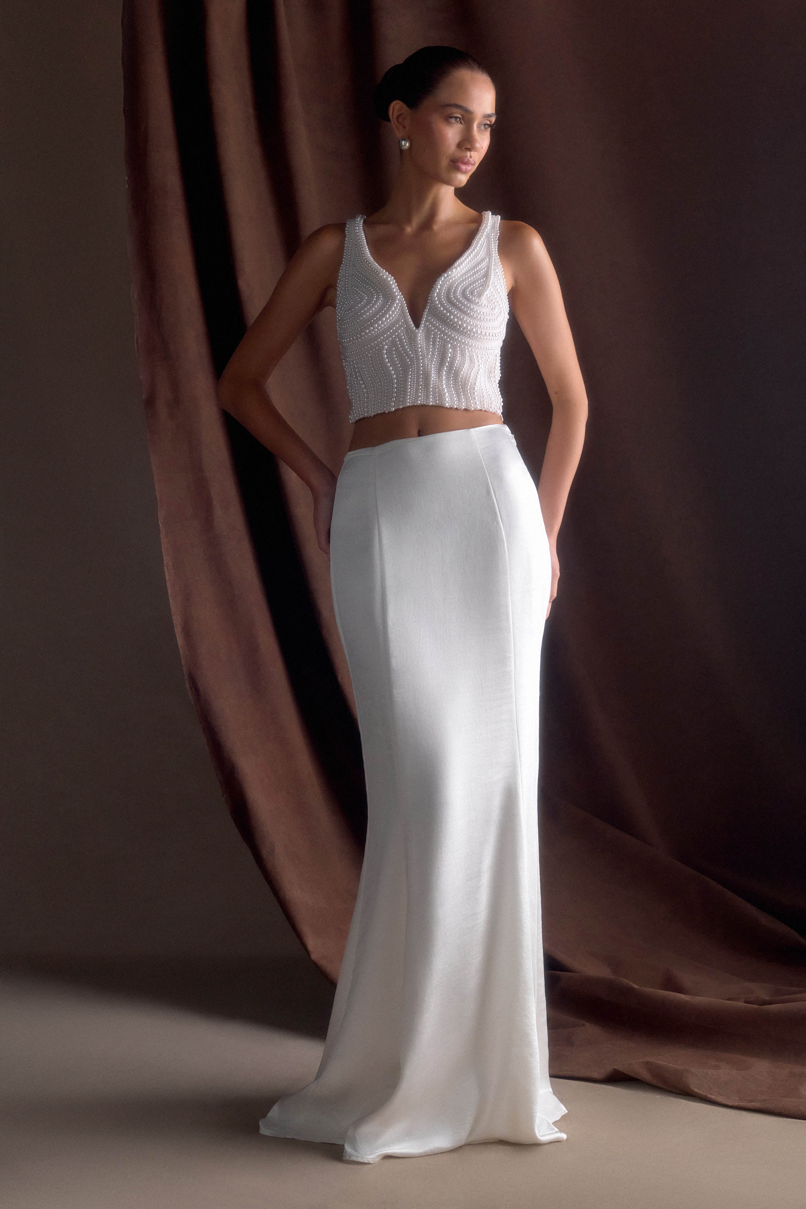 White Satin Fishtail Maxi Skirt with High Waist | Khloe