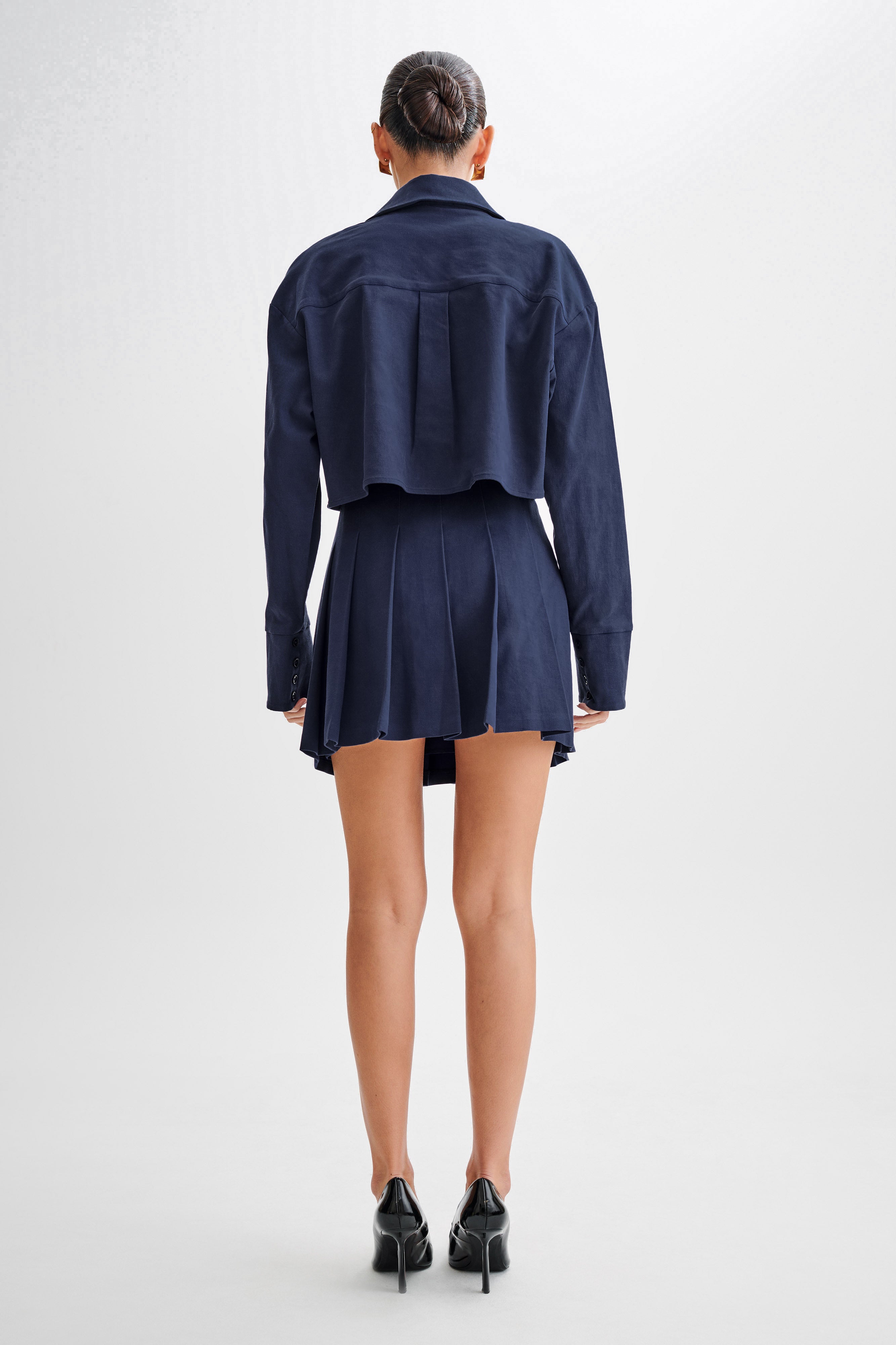 High-Waisted Cotton Pleated Mini Skirt with Side Zip | Julianna Navy