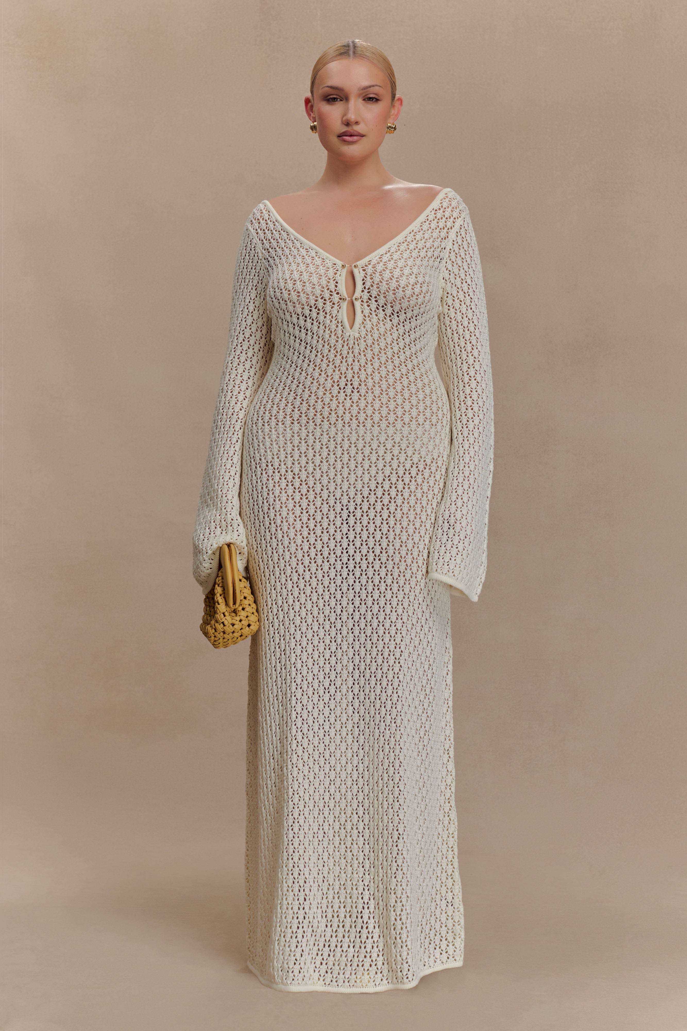 Crochet Maxi Dress with Flared Sleeves & Keyhole Detail | MESHKI