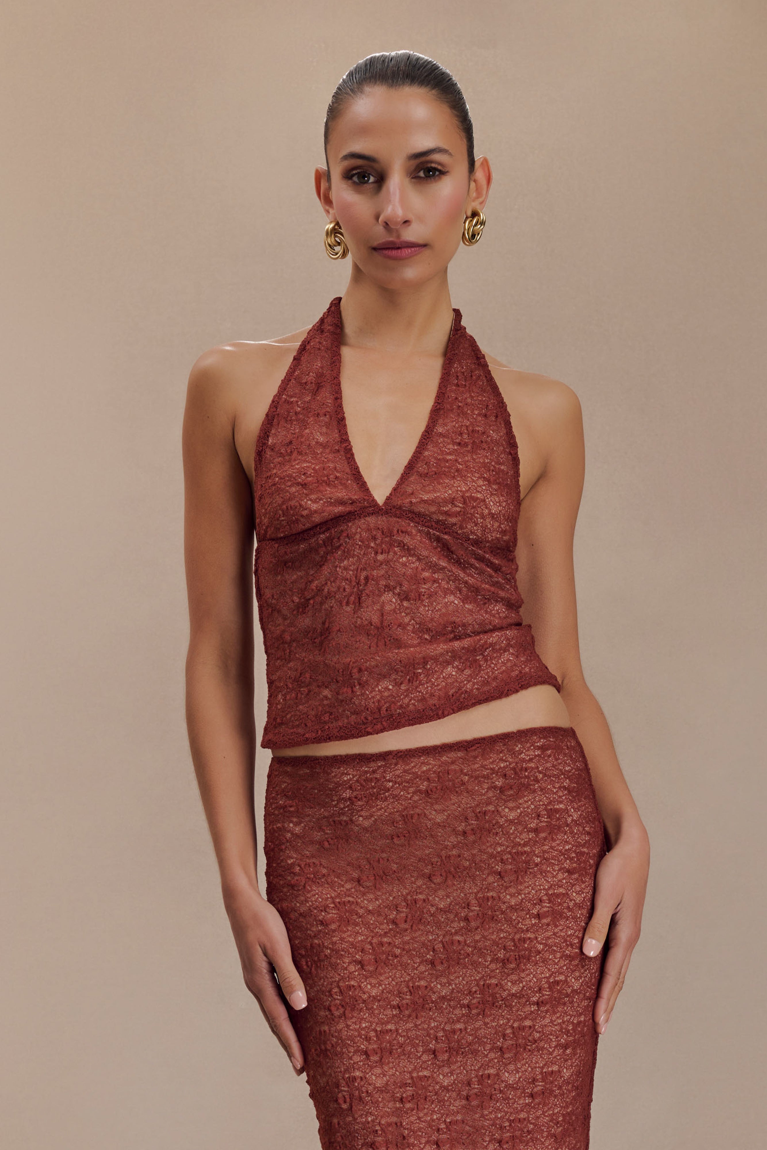 Sheer Lace Halter Top with V Neck & Mesh Lining | Asher Chilli
