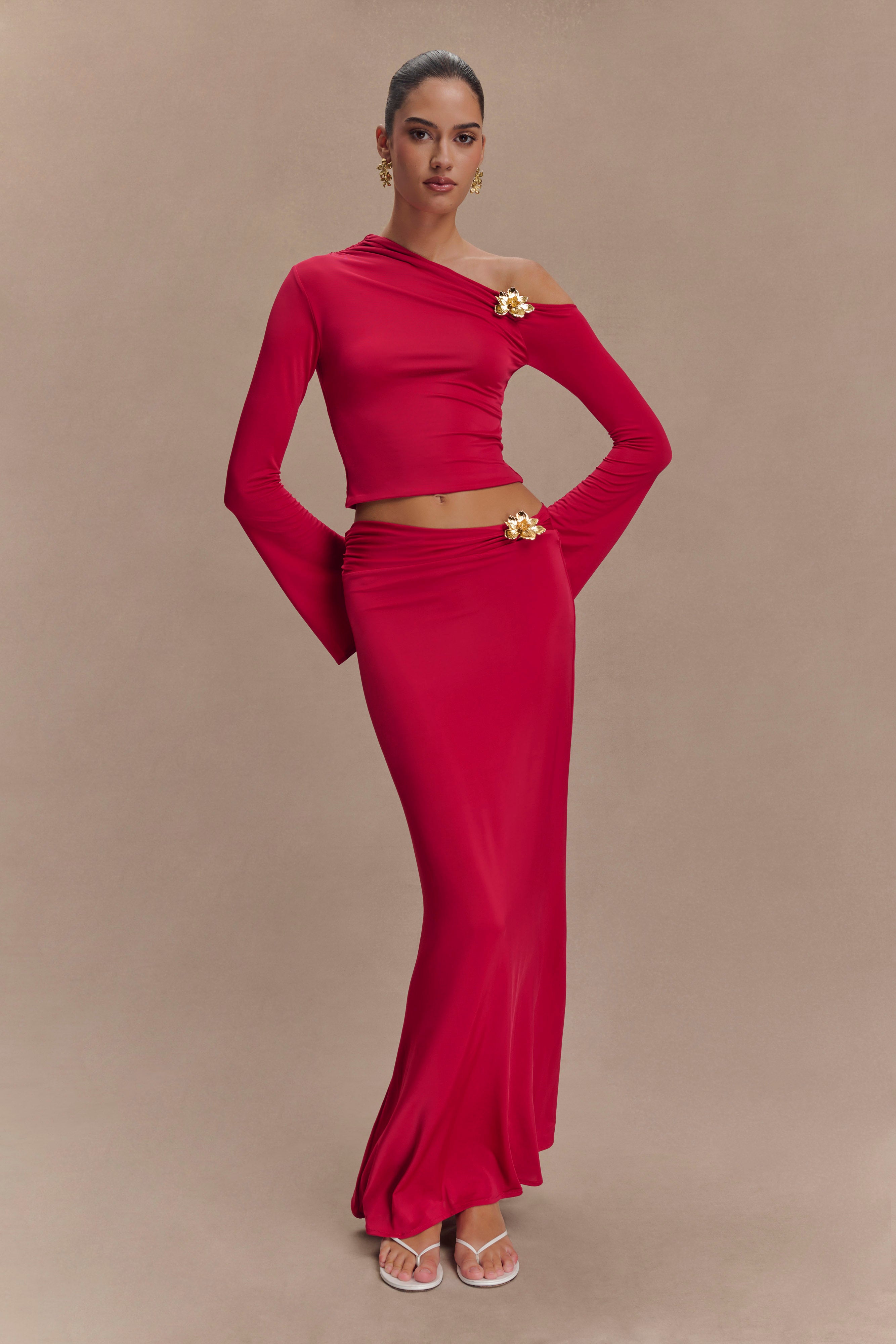 Asymmetrical Maxi Skirt with Floral Hardware & Fishtail Hem | Ainsley