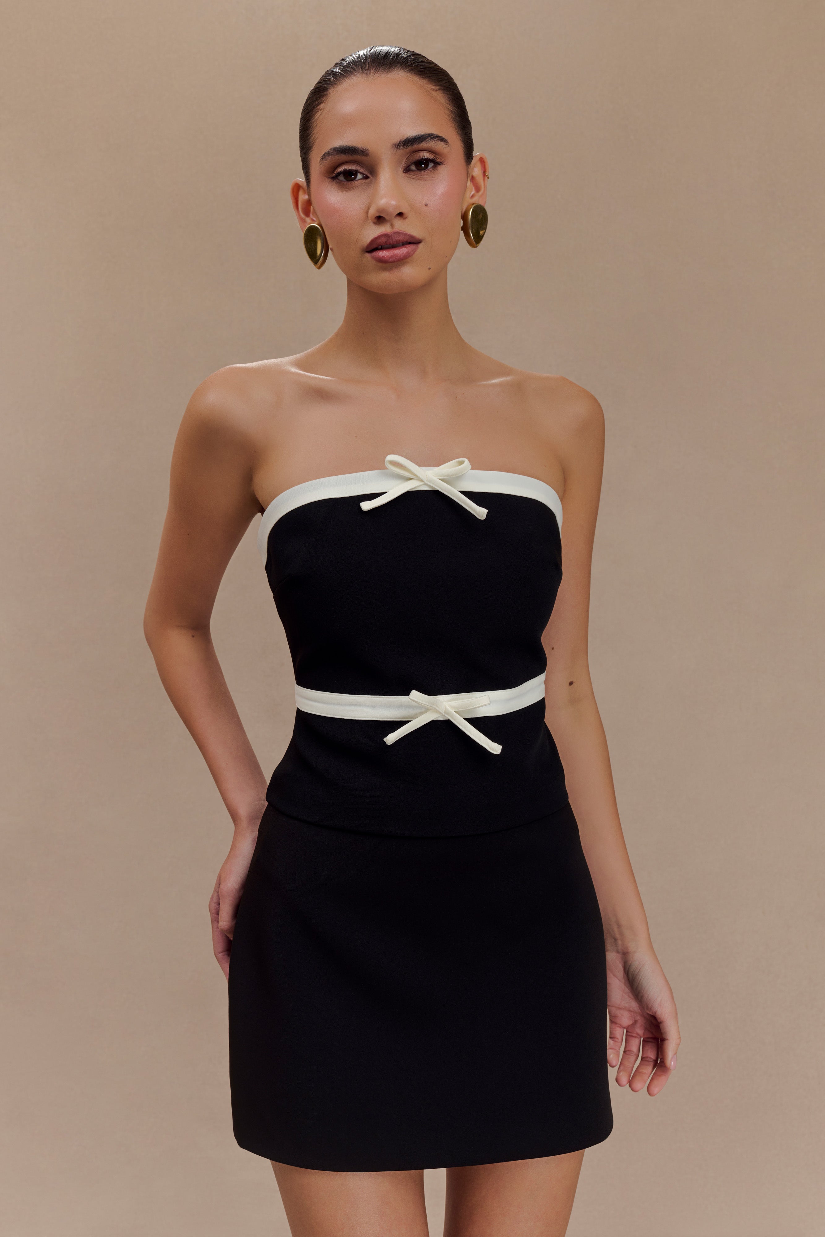 Strapless Suiting Top with Contrast Bows - Black & White | Aisha