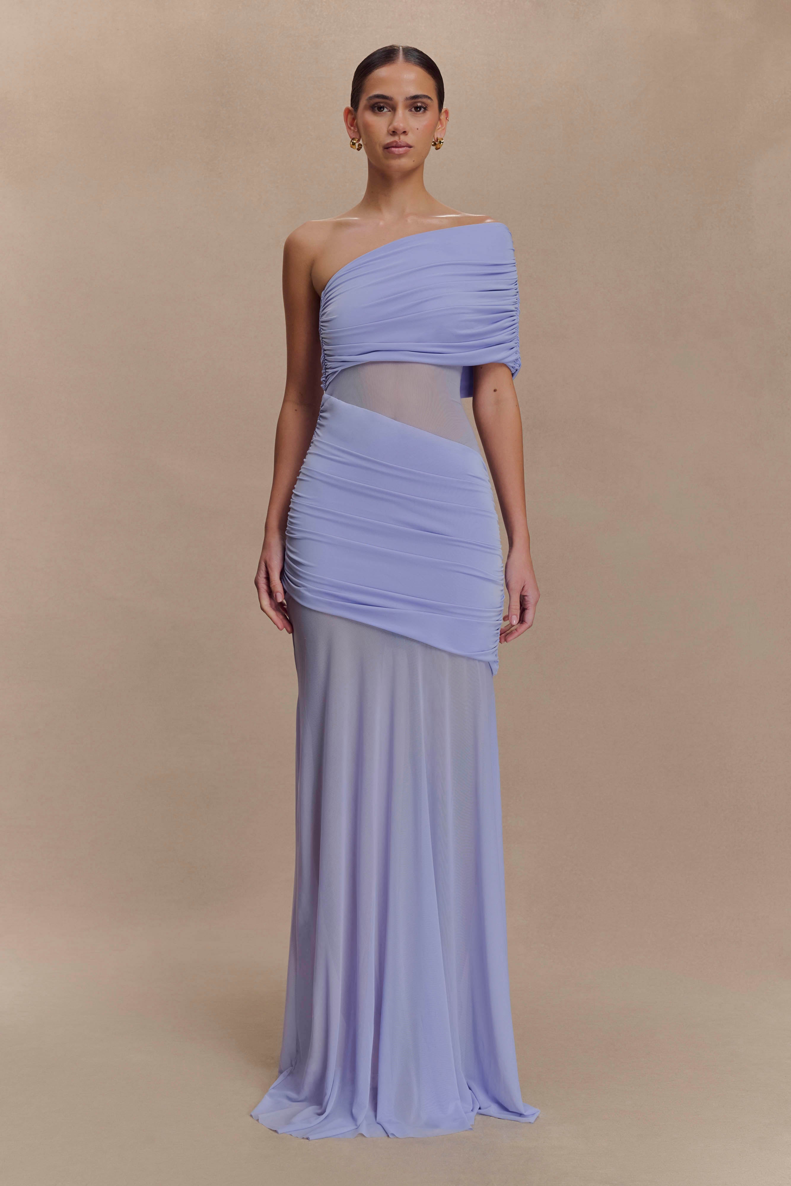 One Shoulder Mesh Maxi Dress for Evening Events | Dallas Lavender