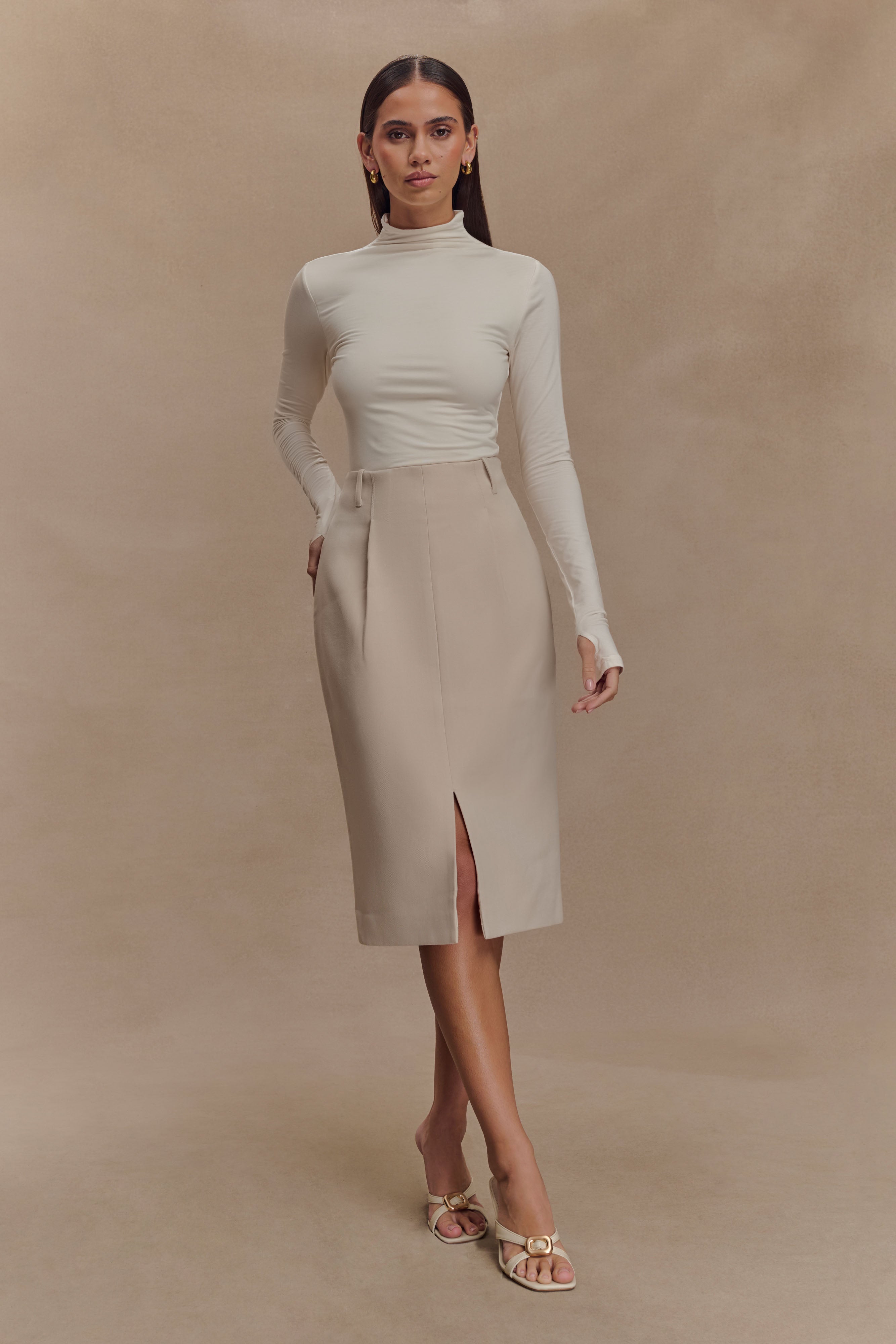 Split Front Midi Skirt with Pockets & Pleats | Vera Suiting - Ivory Stone