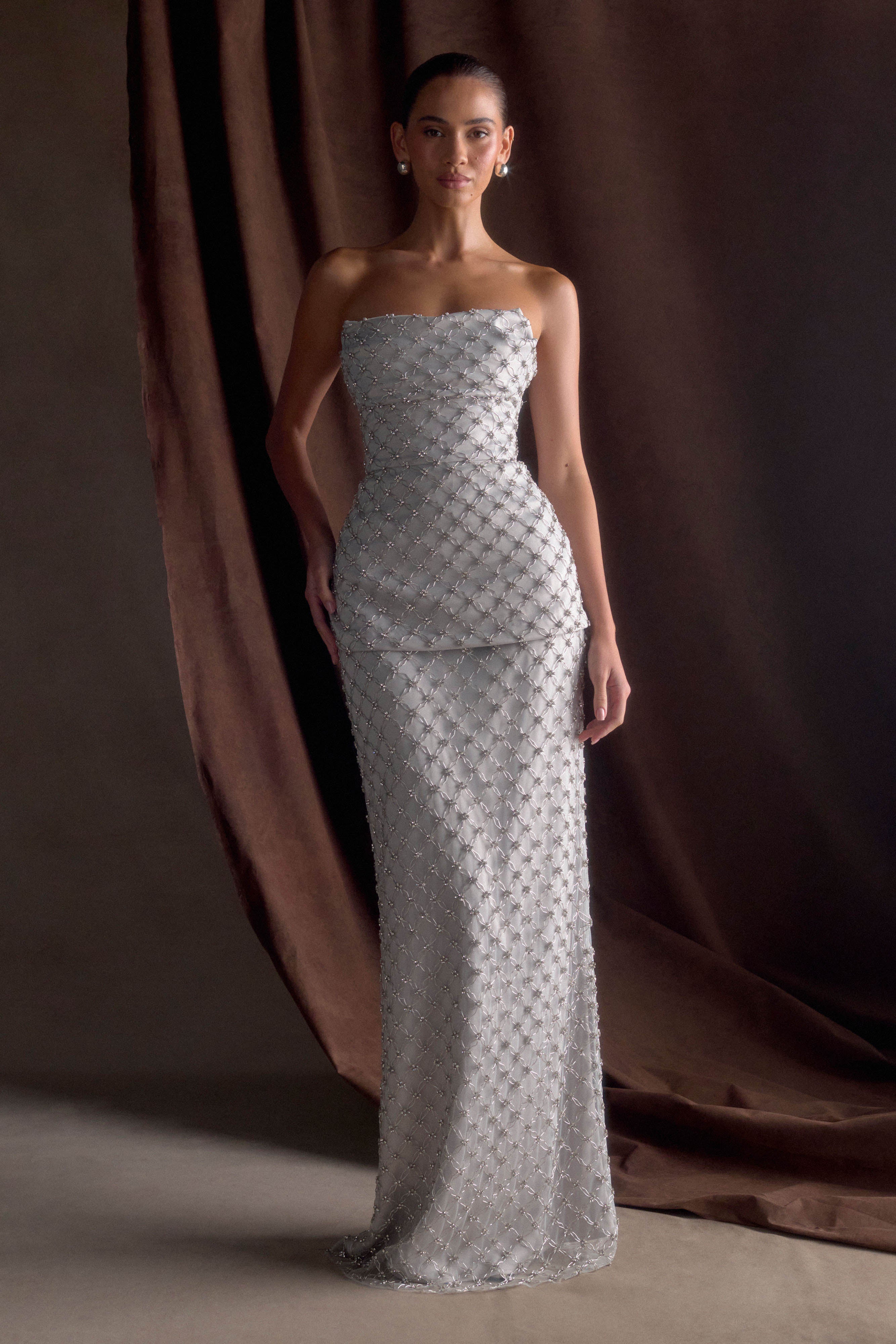 Hand-Beaded Silver Maxi Skirt for Weddings & Events | Zuri