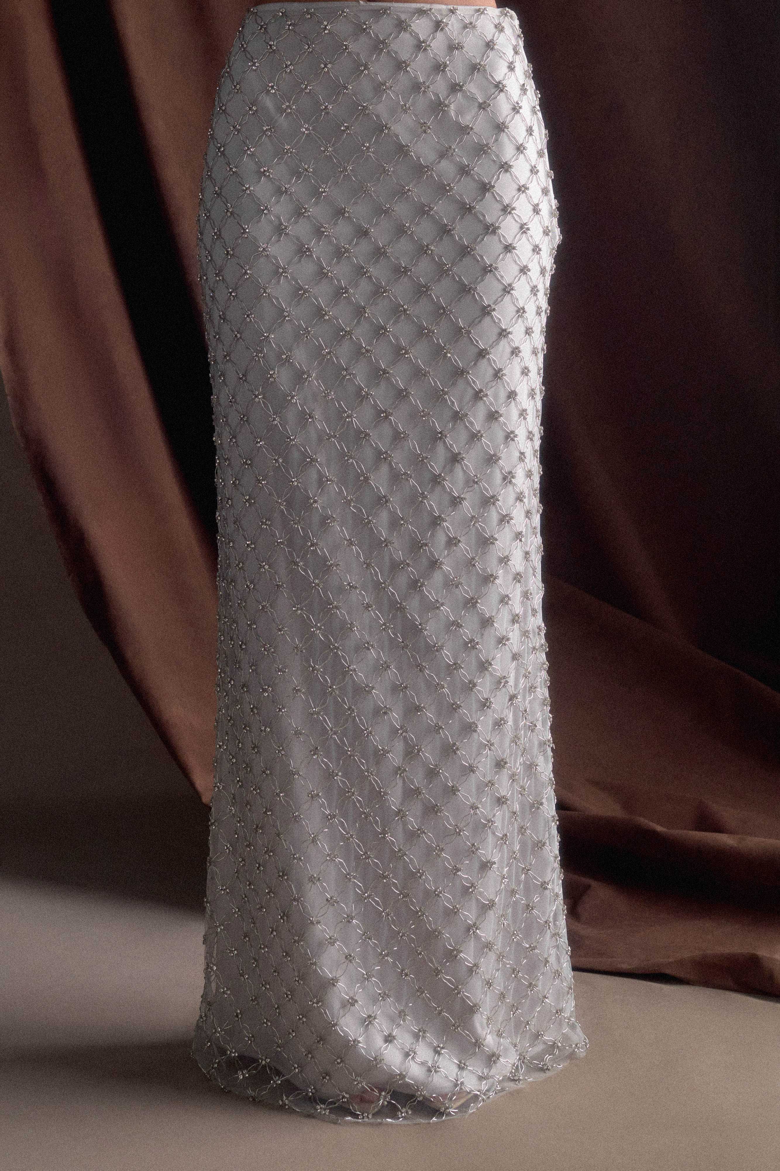 Hand-Beaded Silver Maxi Skirt for Weddings & Events | Zuri