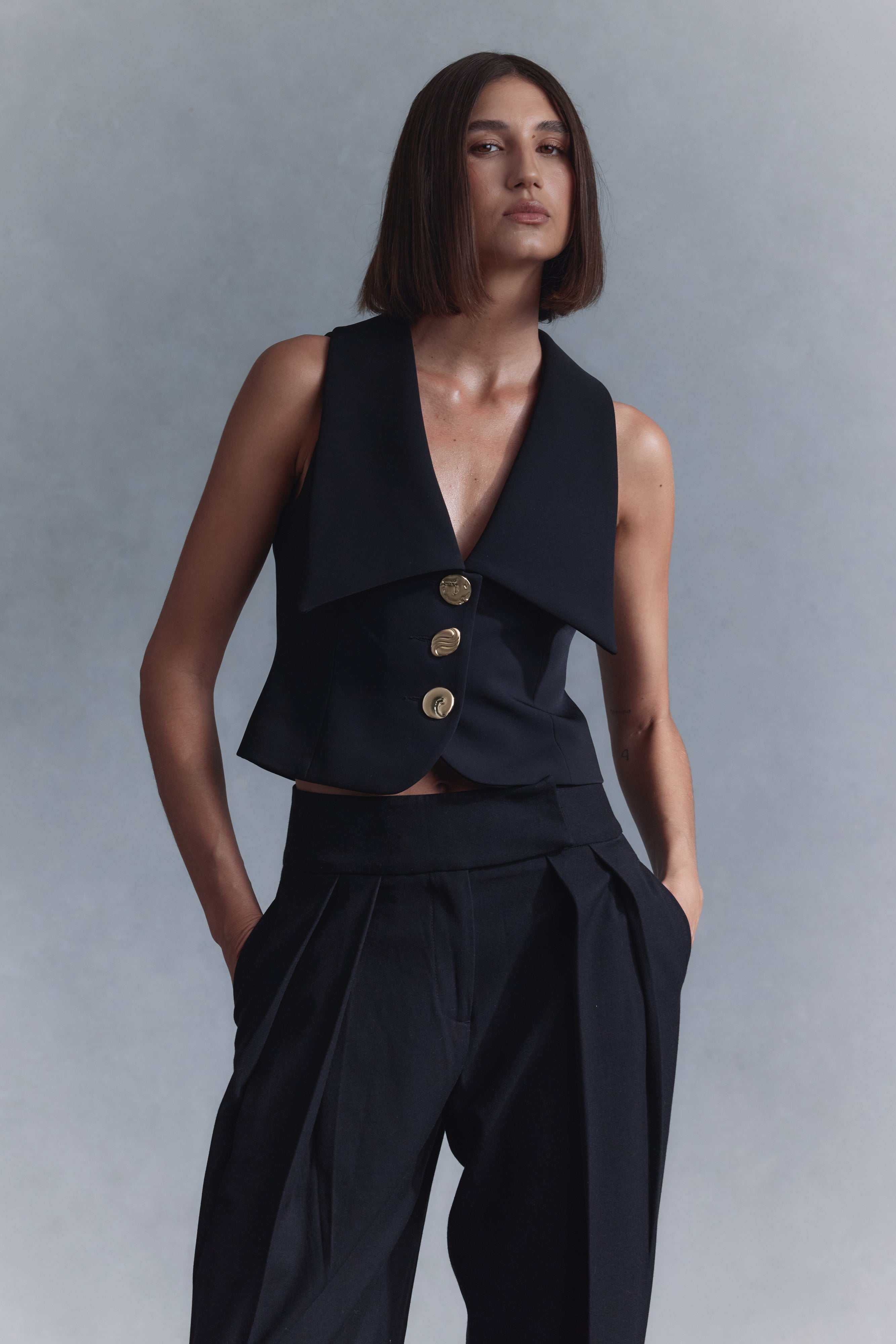 Women's Black Button Vest with Oversized Collar | Alix