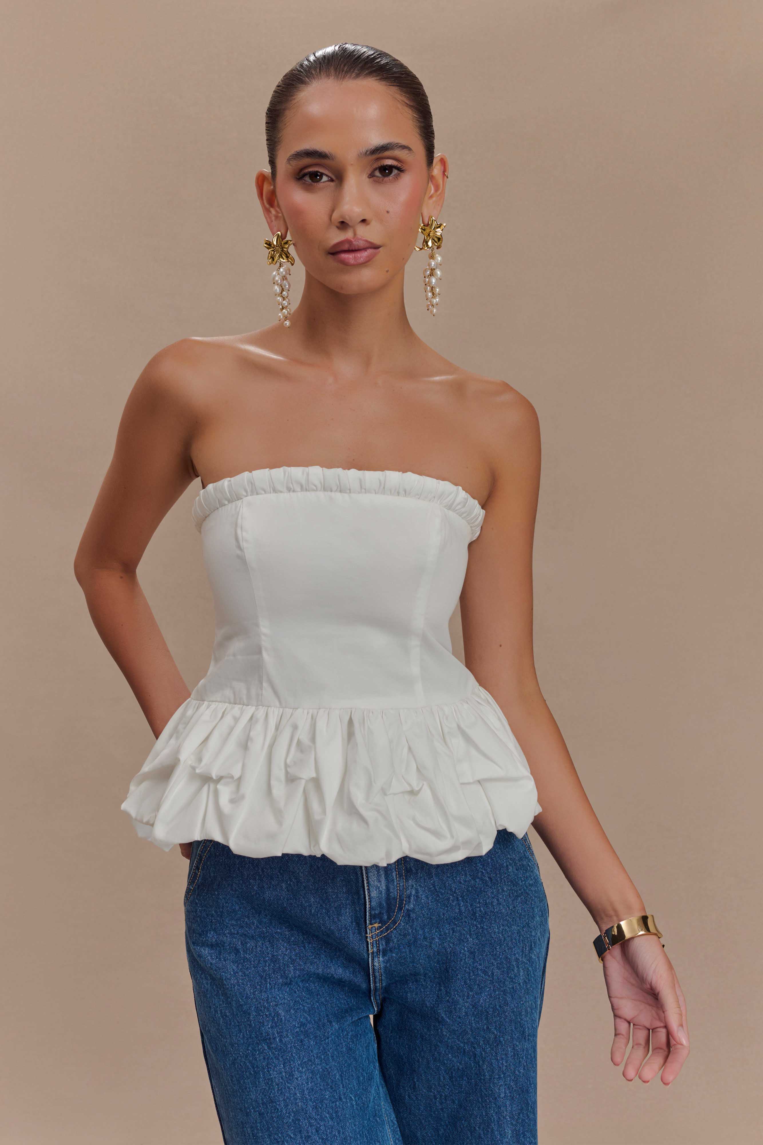 Strapless Ruched Top with Peplum for Women | Cora White