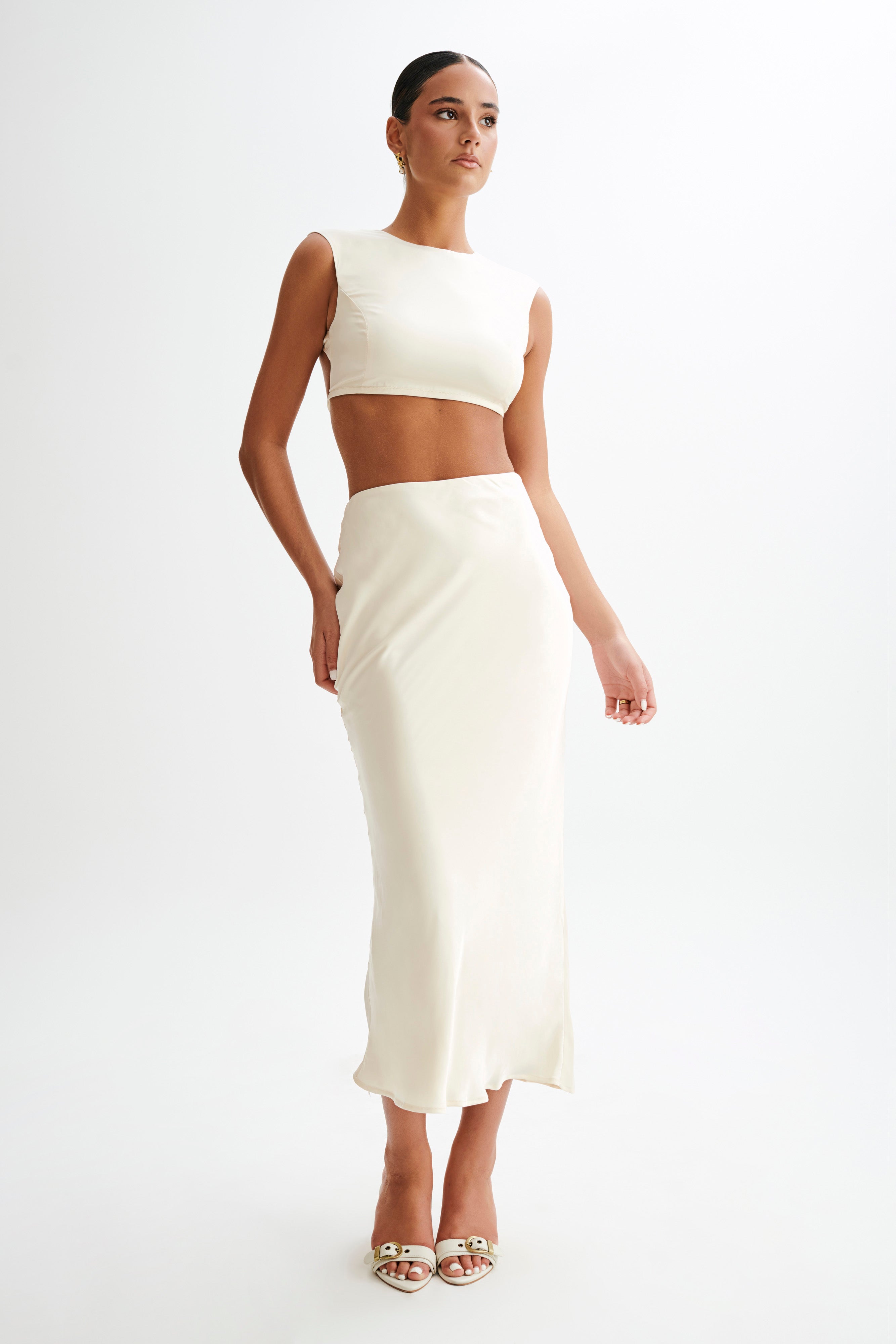Luxurious Satin Maxi Skirt with Fishtail Hem - Viviana Ivory