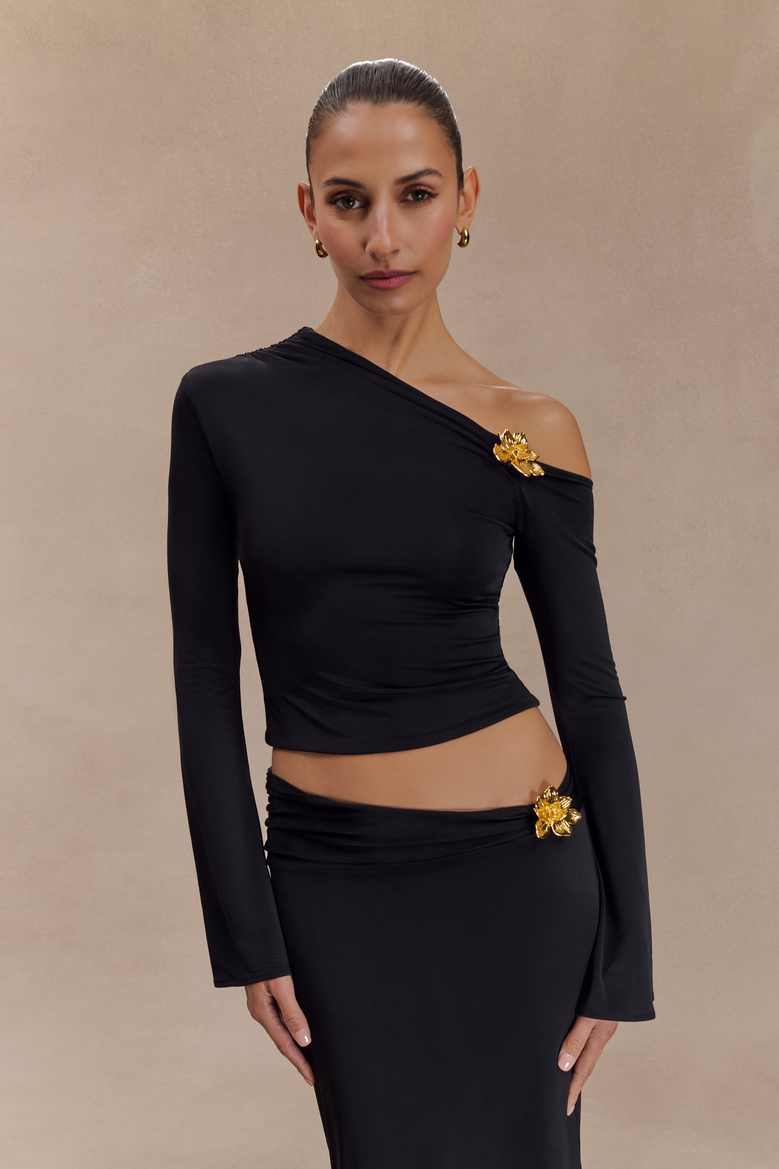 Asymmetrical Long Sleeve Top with Floral Hardware | Ainsley Black