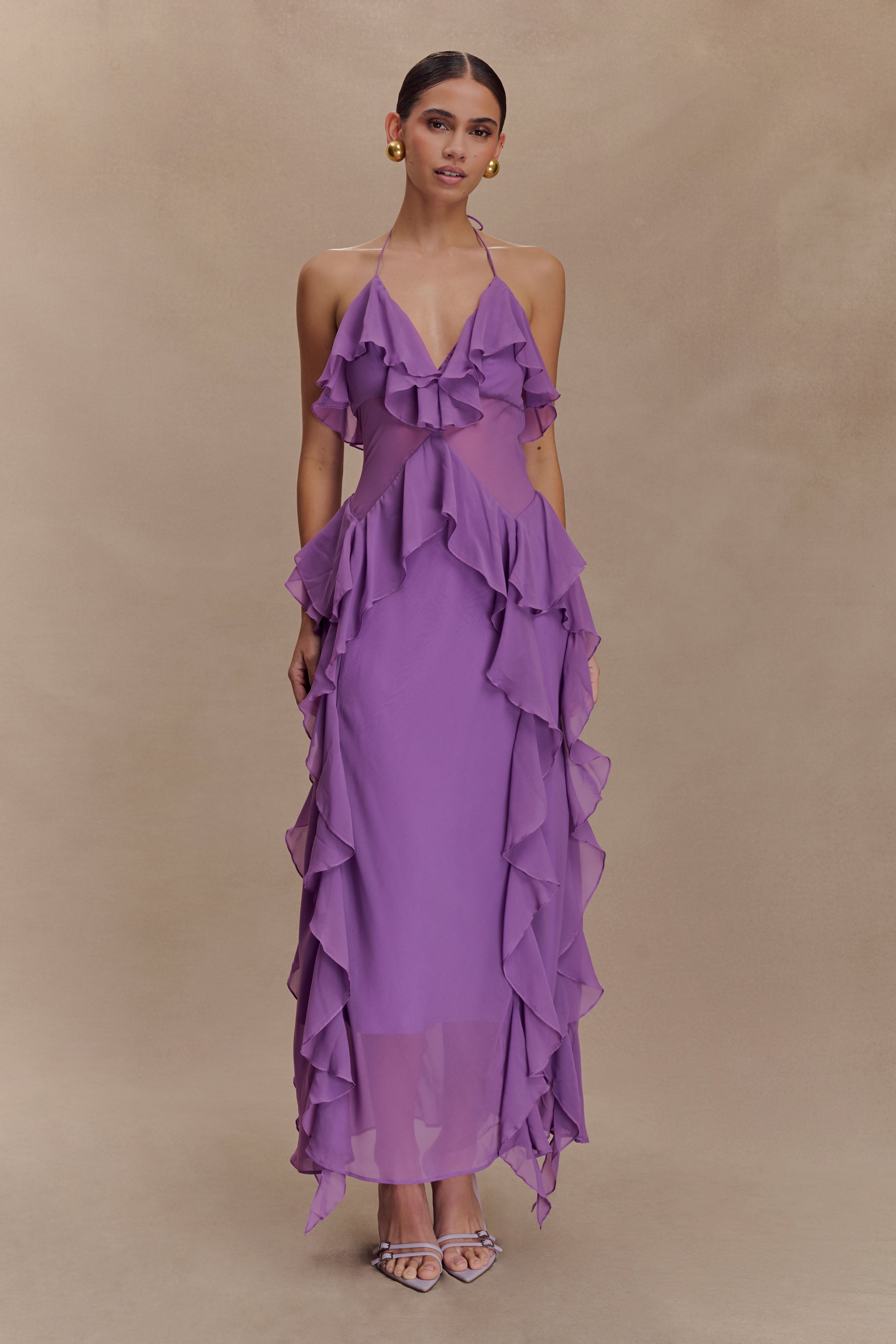 Chiffon Ruffle Midi Dress with Halter Neck | Aleyna Purple