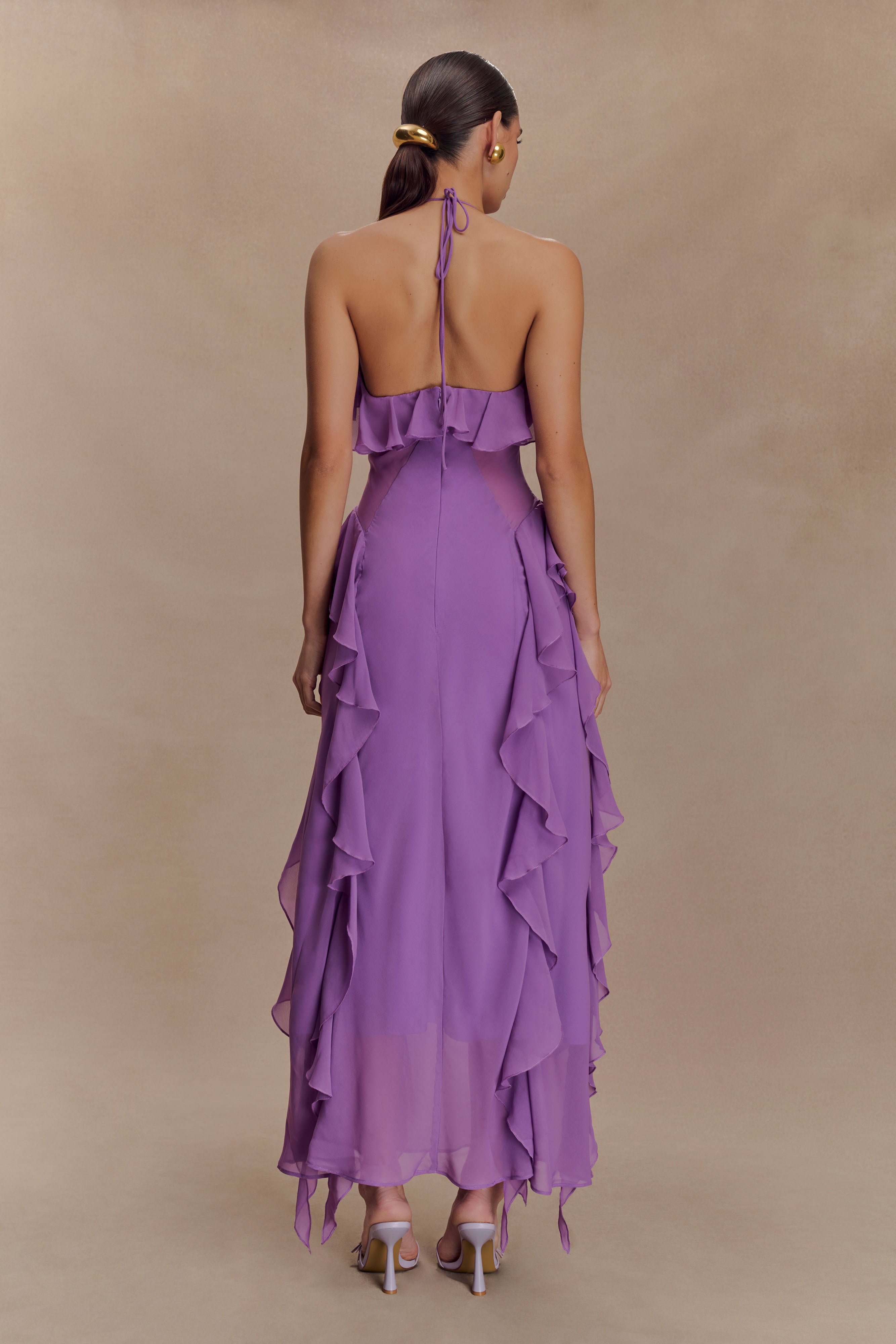 Chiffon Ruffle Midi Dress with Halter Neck | Aleyna Purple