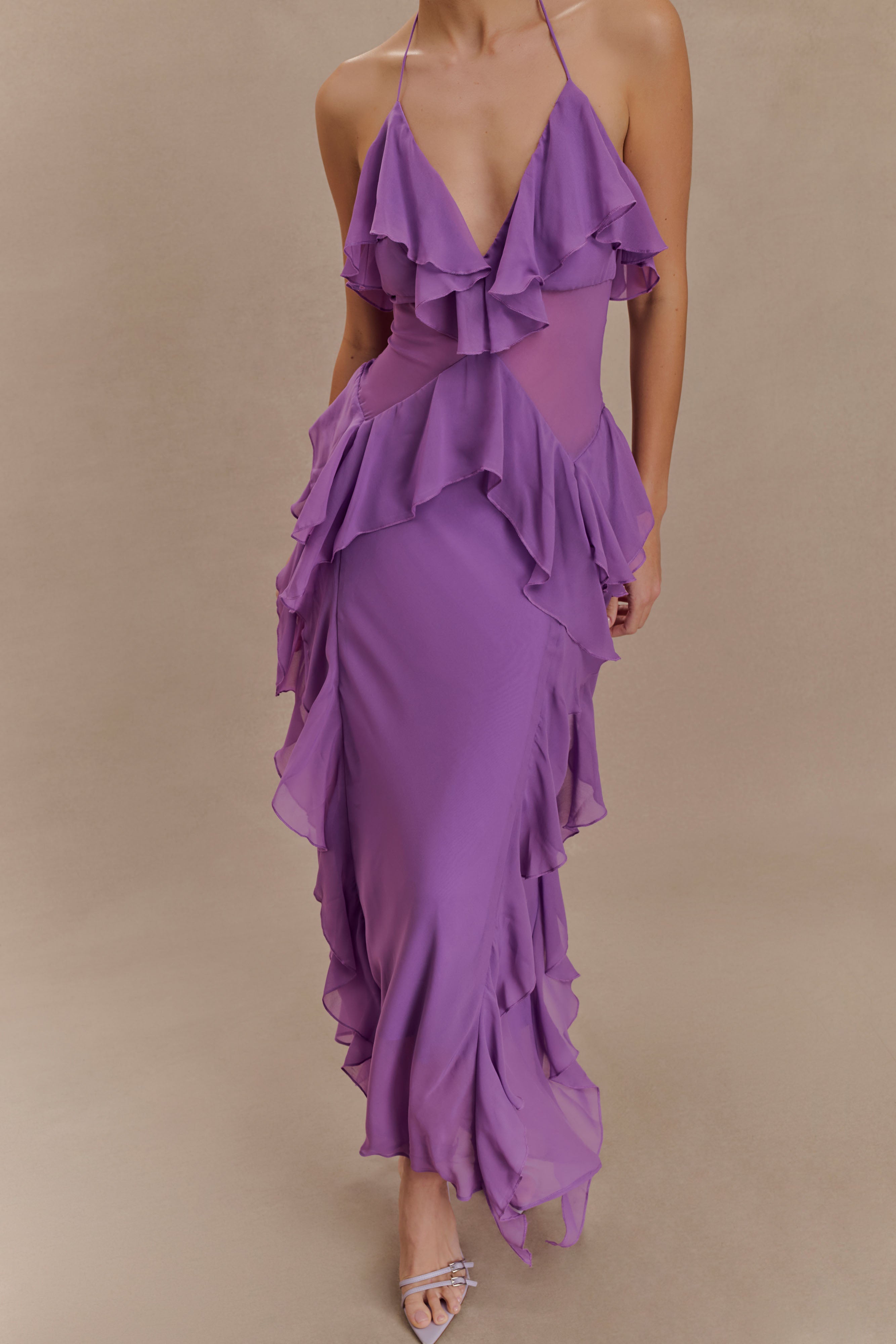Chiffon Ruffle Midi Dress with Halter Neck | Aleyna Purple