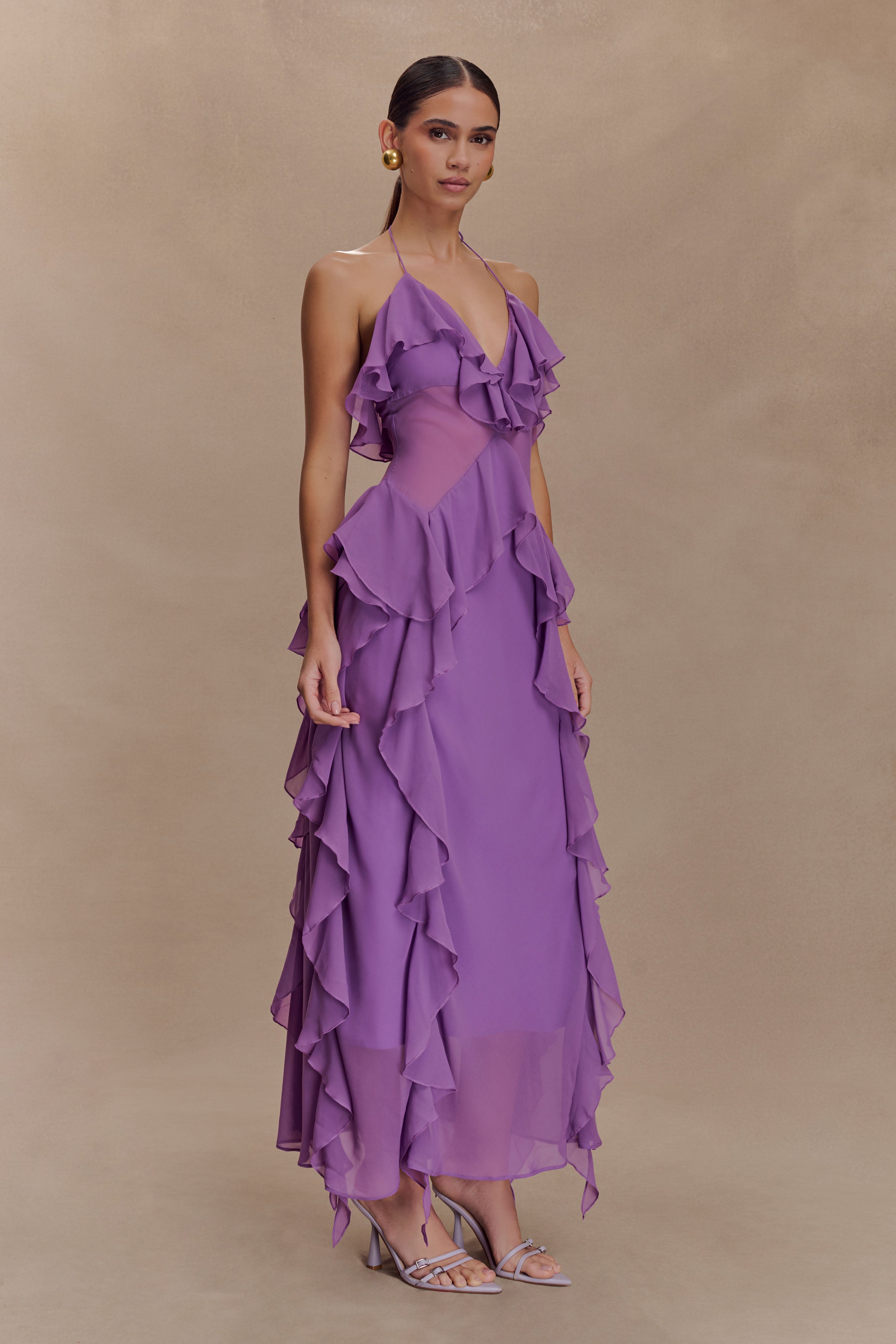 Chiffon Ruffle Midi Dress with Halter Neck | Aleyna Purple