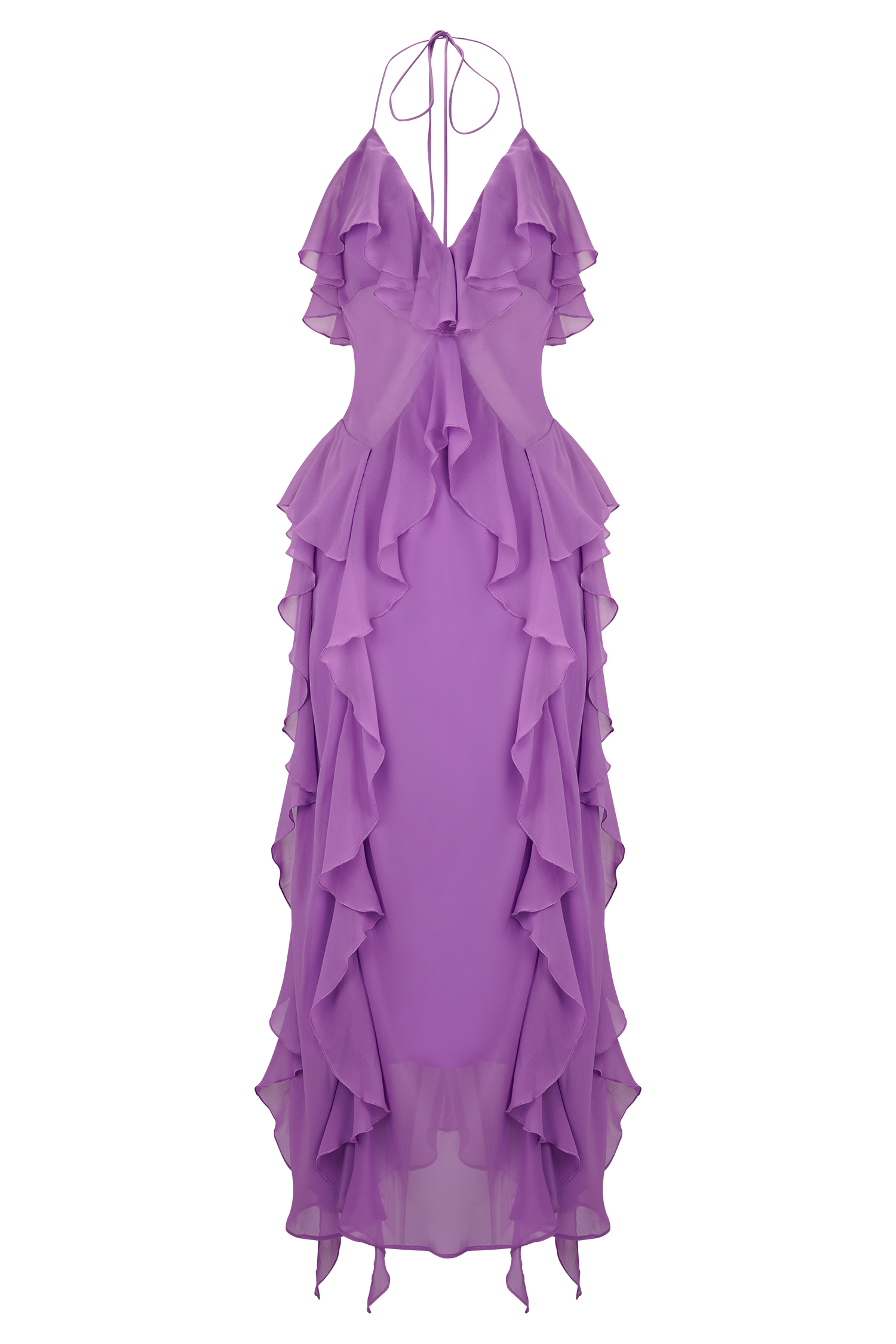 Chiffon Ruffle Midi Dress with Halter Neck | Aleyna Purple