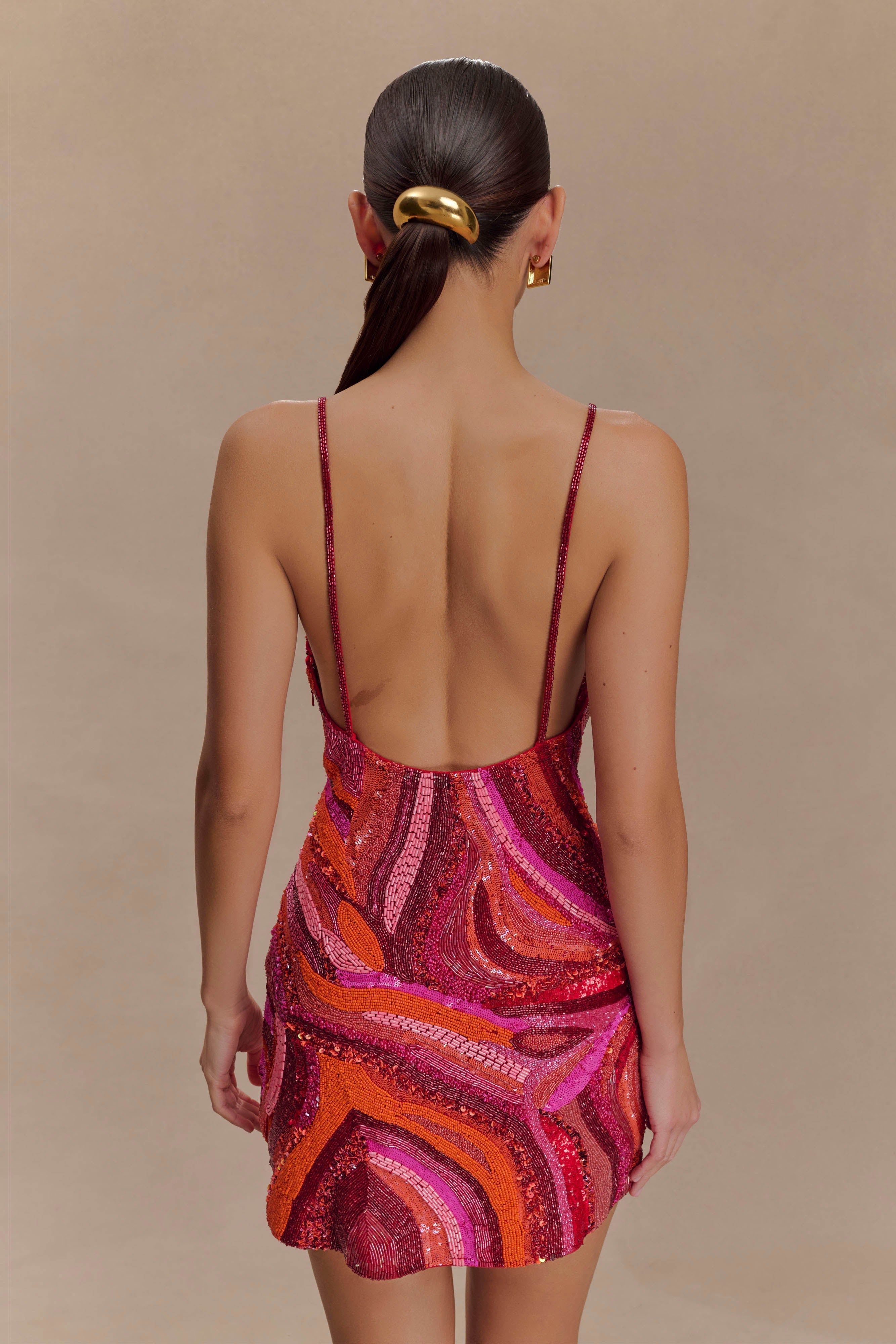 Hand Beaded Mini Dress with Swirl Print | Eloise Pink Satin Dress