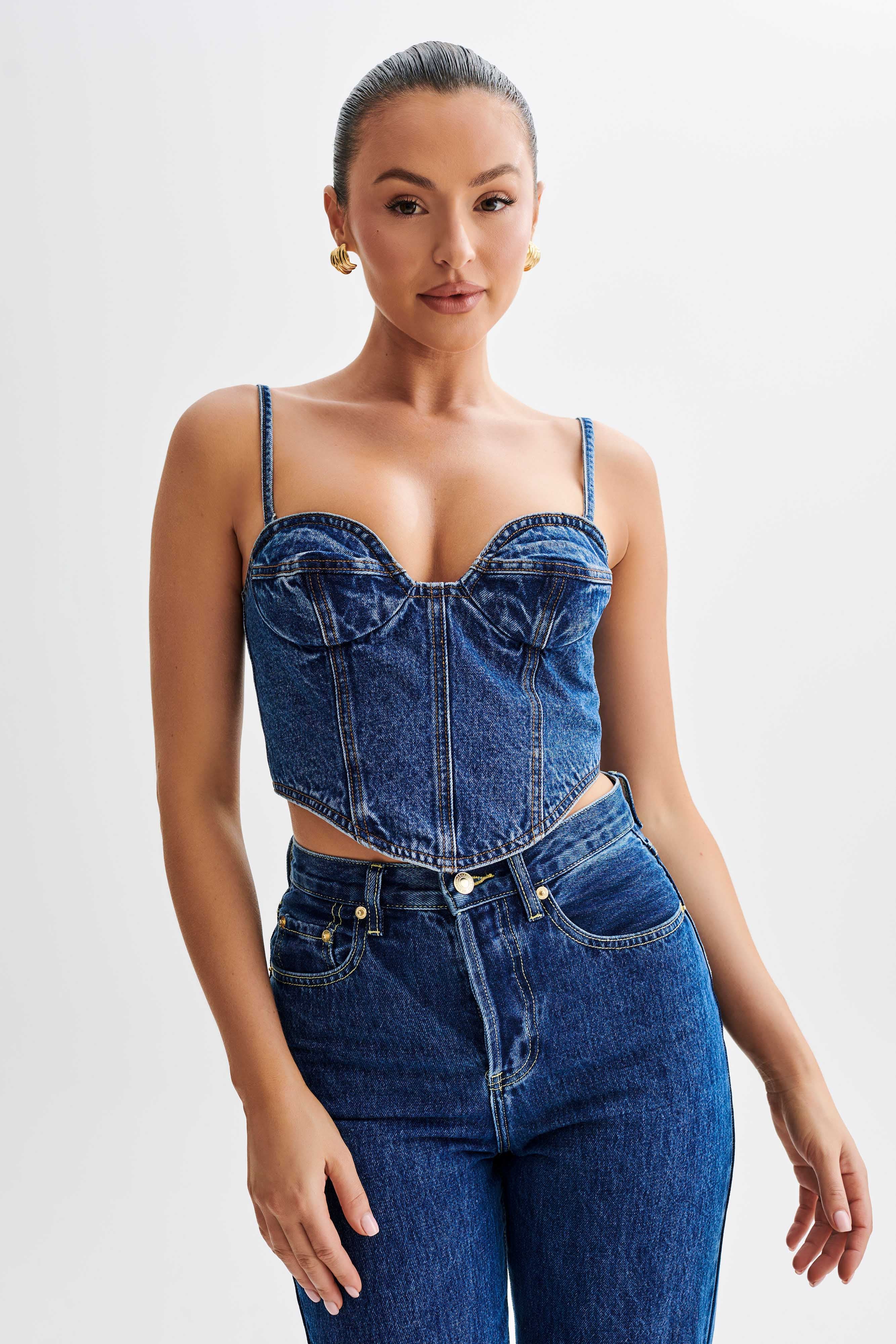 Denim Corset Top with Adjustable Straps & Bust Cups | Lana Dark Blue