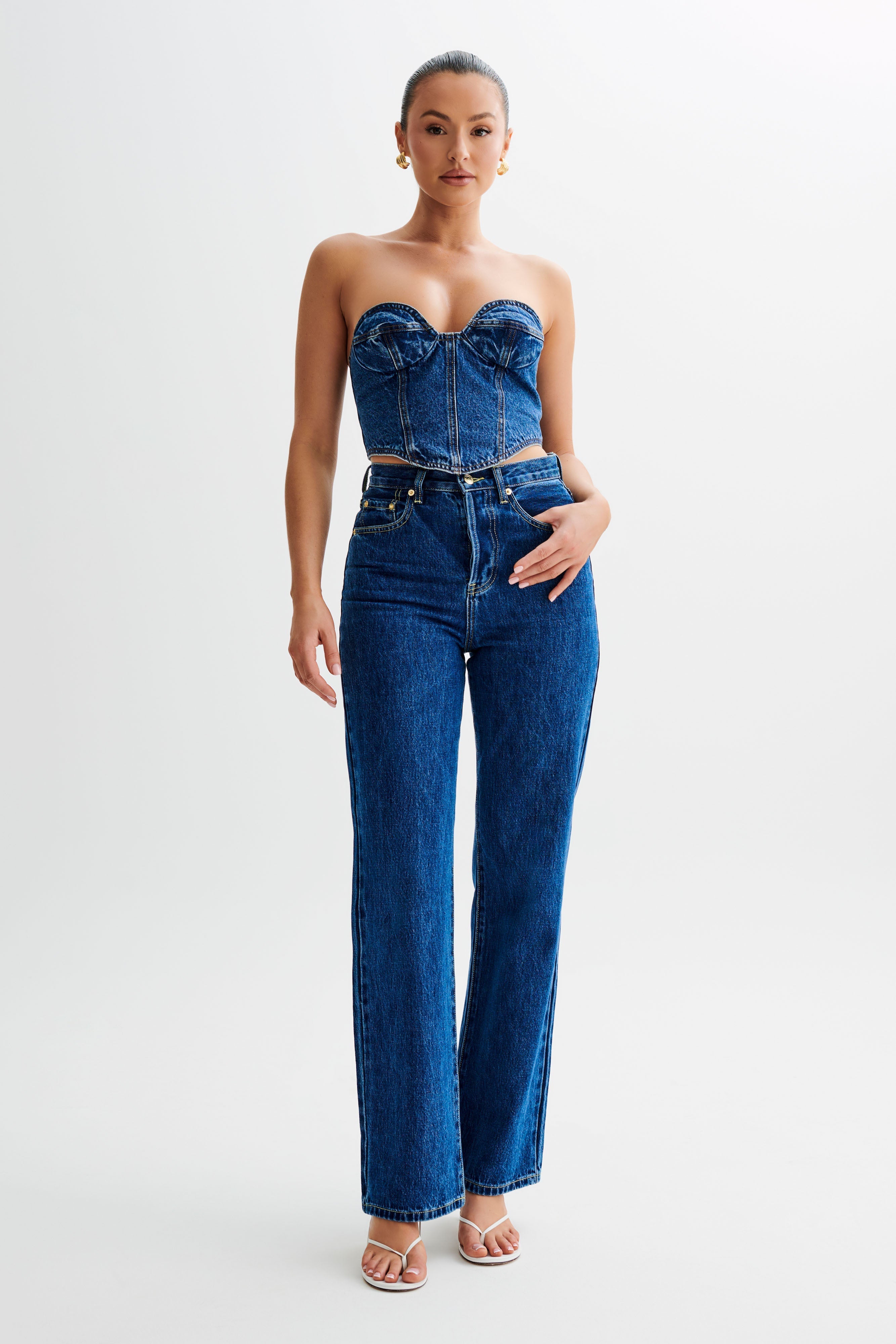 Denim Corset Top with Adjustable Straps & Bust Cups | Lana Dark Blue