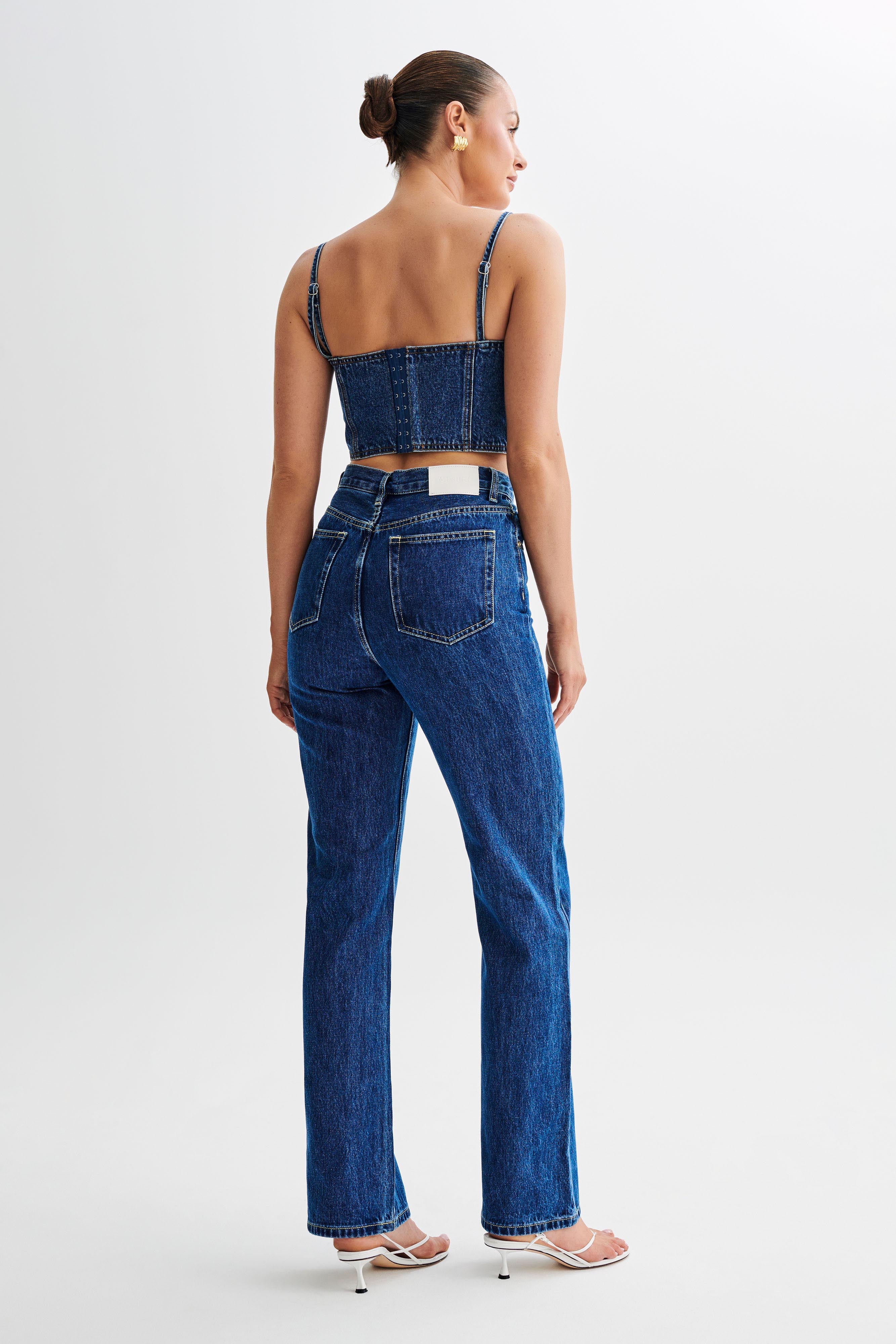 Denim Corset Top with Adjustable Straps & Bust Cups | Lana Dark Blue