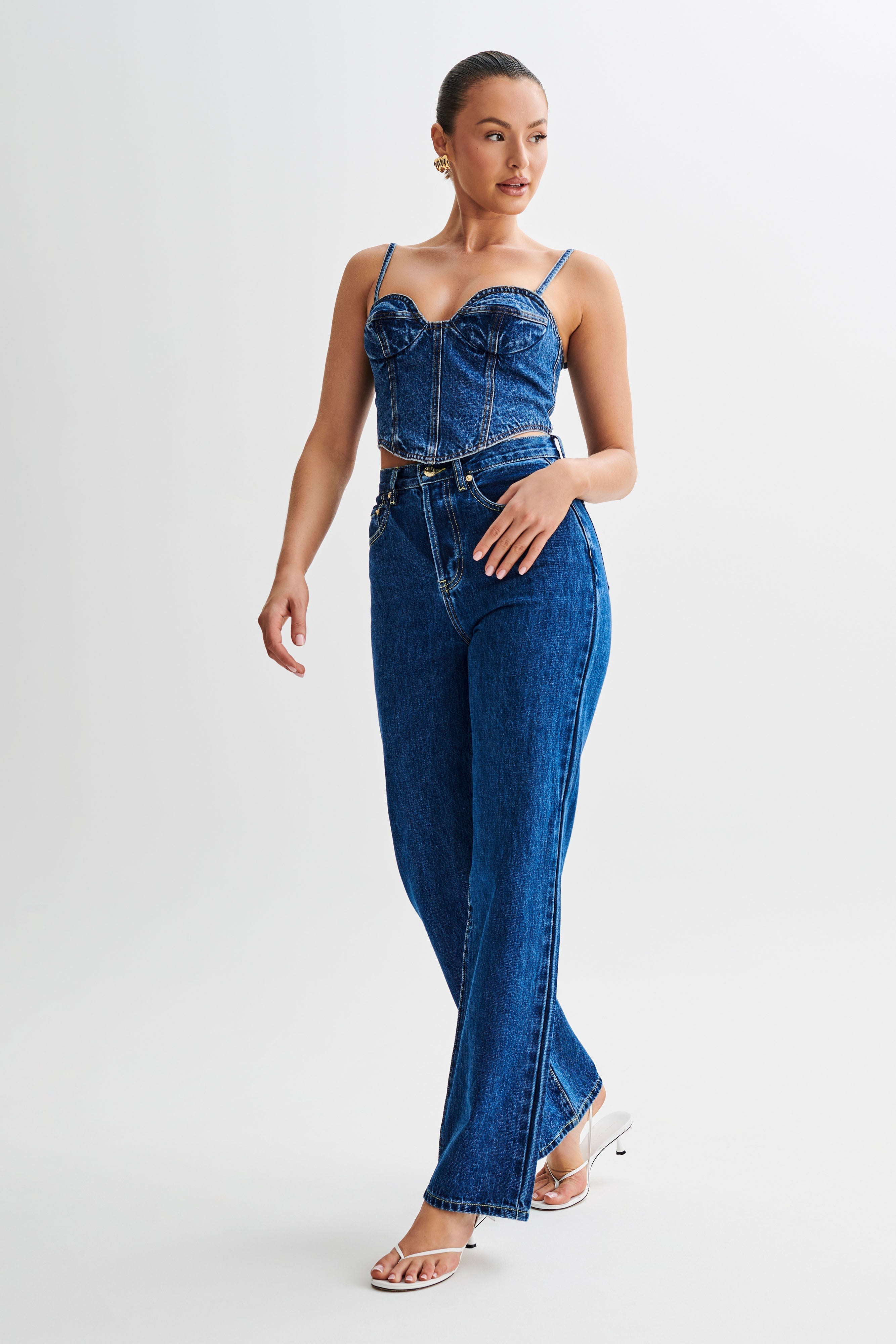 Denim Corset Top with Adjustable Straps & Bust Cups | Lana Dark Blue
