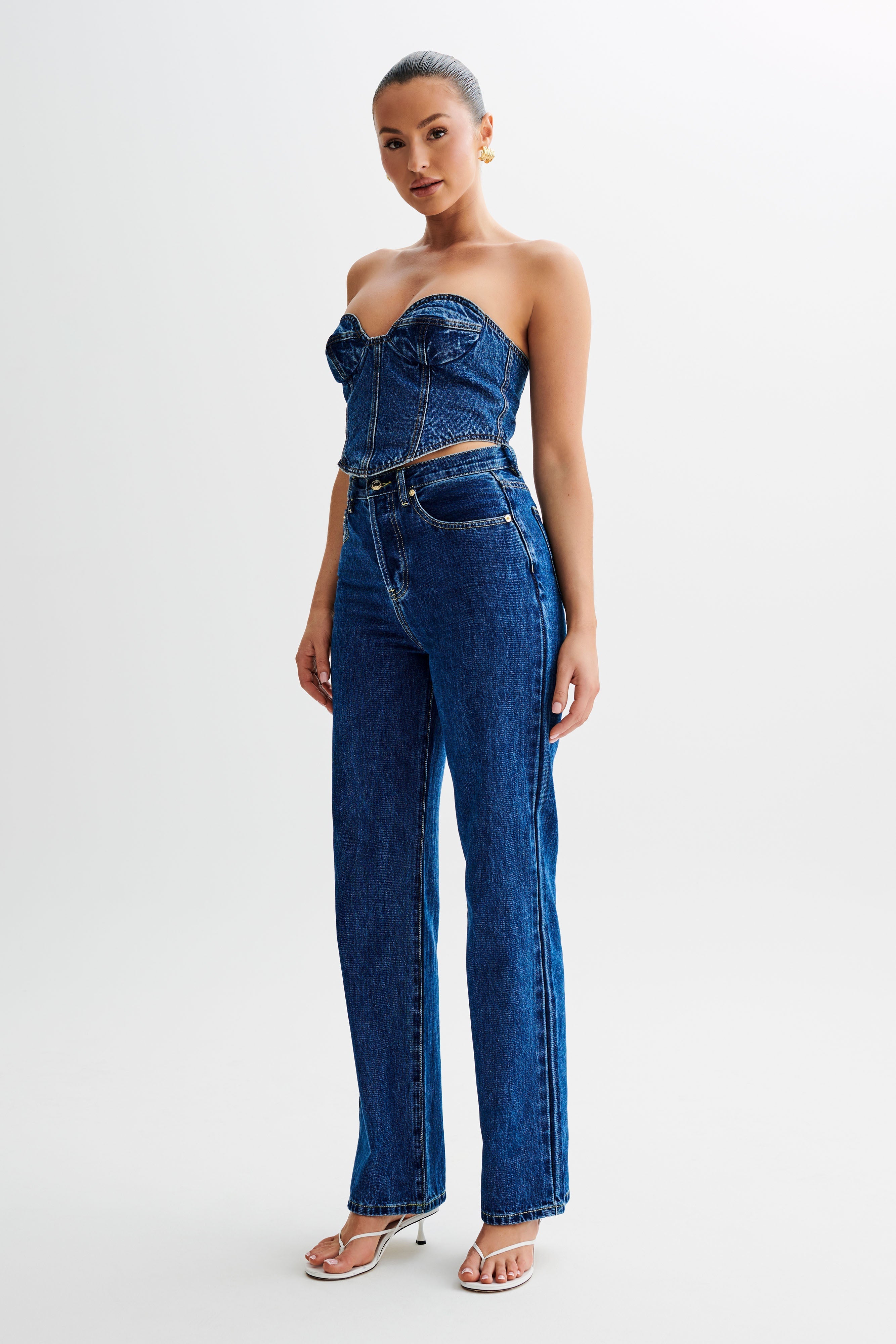 Denim Corset Top with Adjustable Straps & Bust Cups | Lana Dark Blue