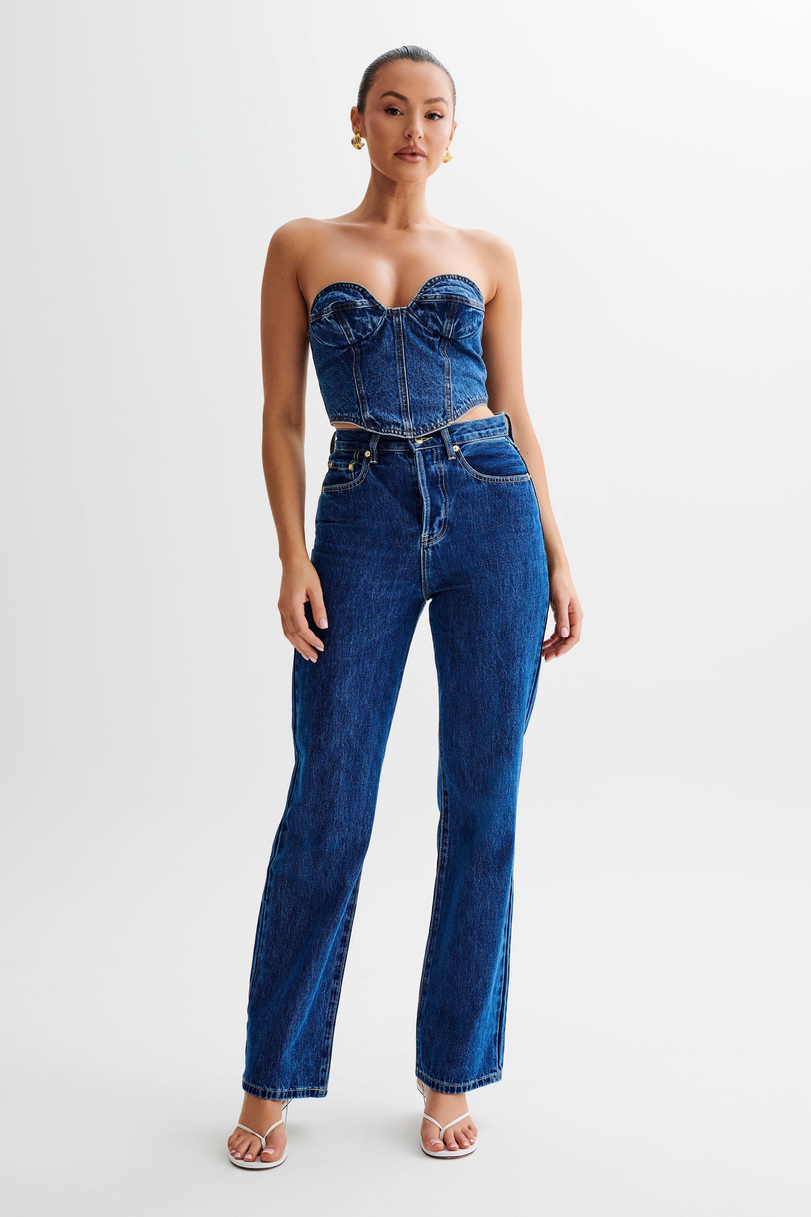 Denim Corset Top with Adjustable Straps & Bust Cups | Lana Dark Blue
