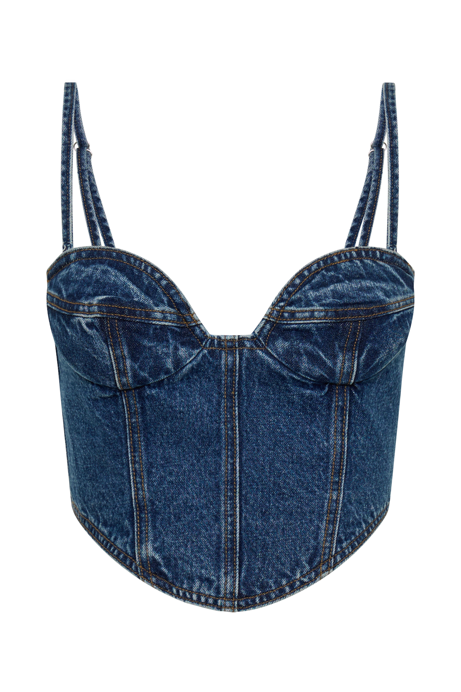 Denim Corset Top with Adjustable Straps & Bust Cups | Lana Dark Blue