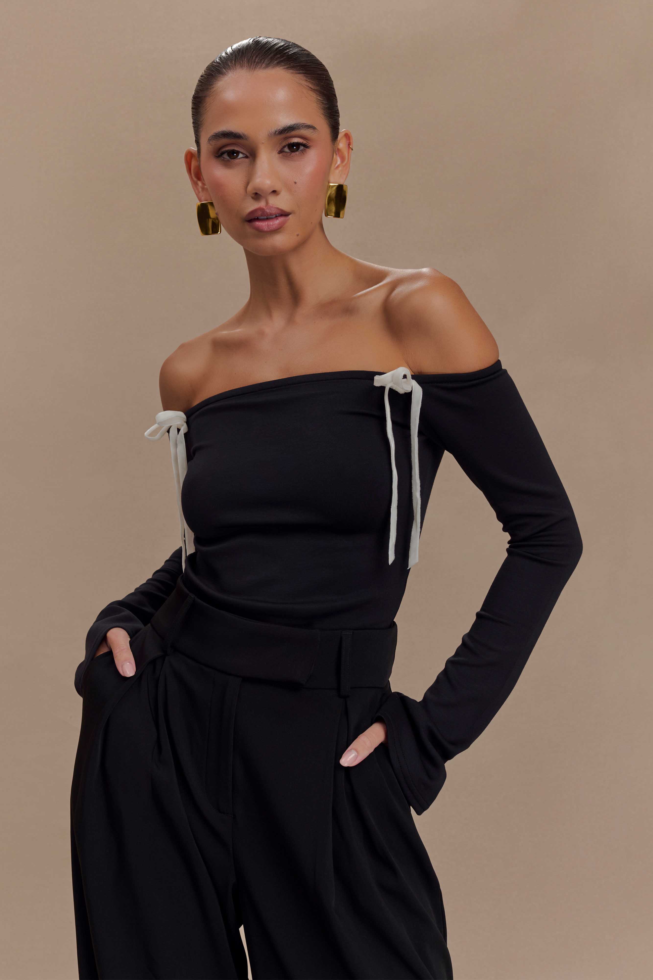Bardot Neckline Scuba Jersey Top with Velvet Bow | Marlene