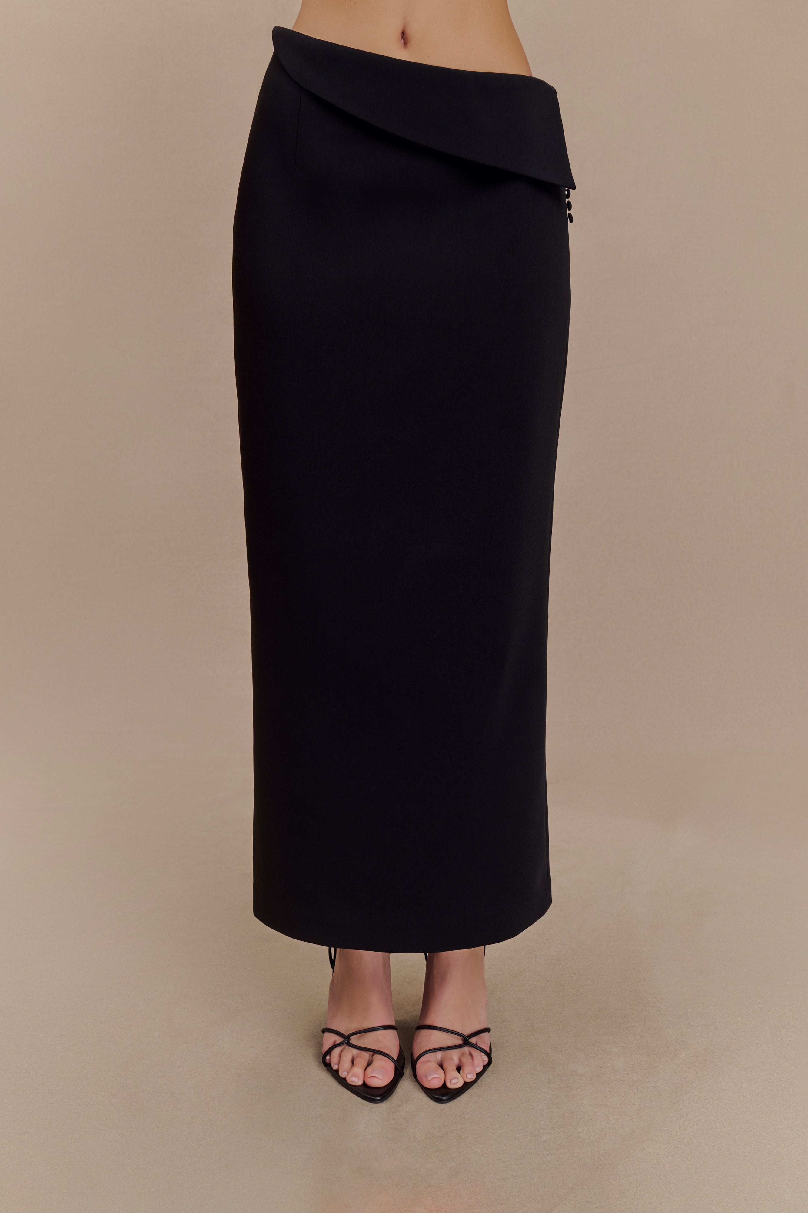 Black Suiting Midi Skirt with Asymmetrical Waist | Astrid
