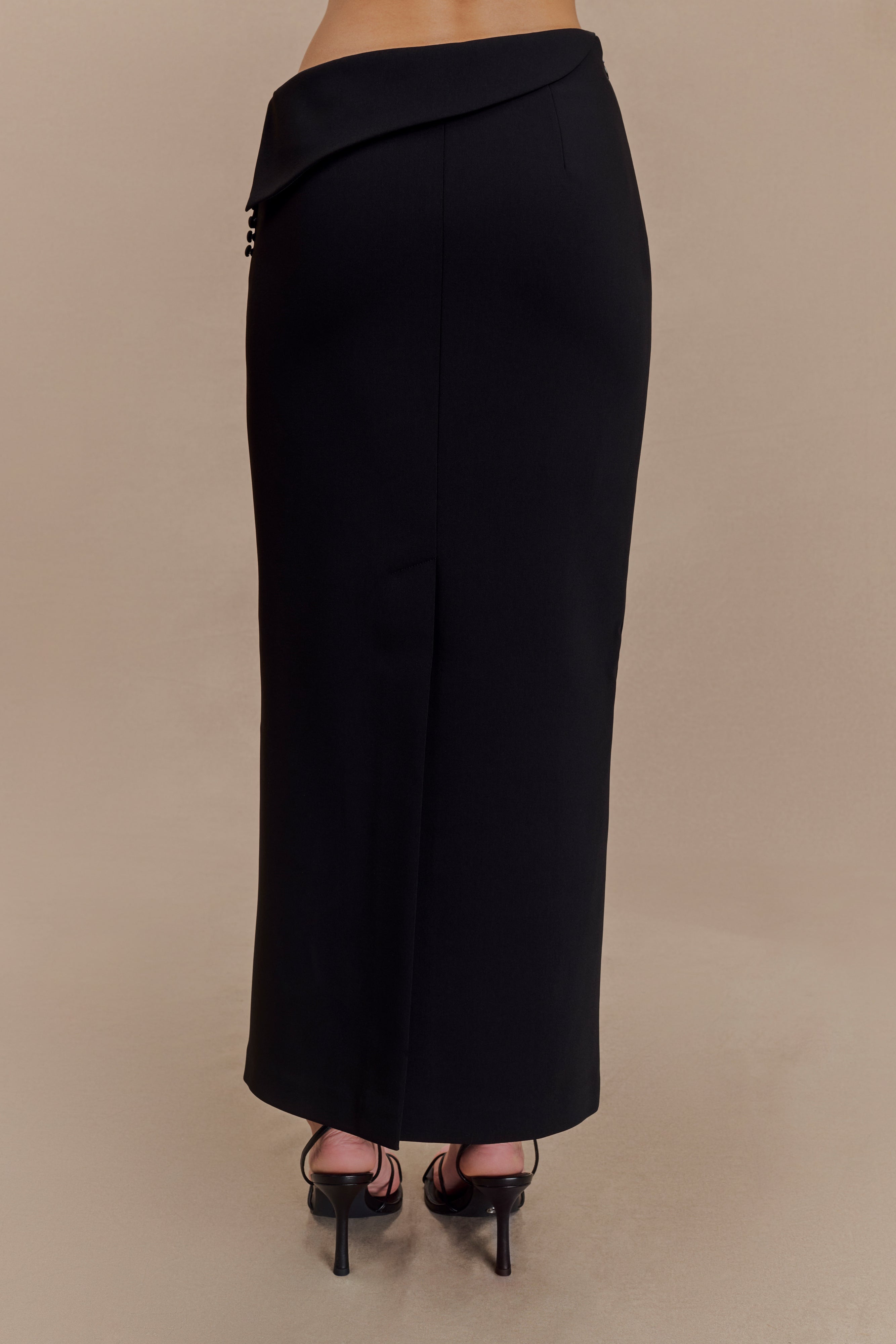 Black Suiting Midi Skirt with Asymmetrical Waist | Astrid