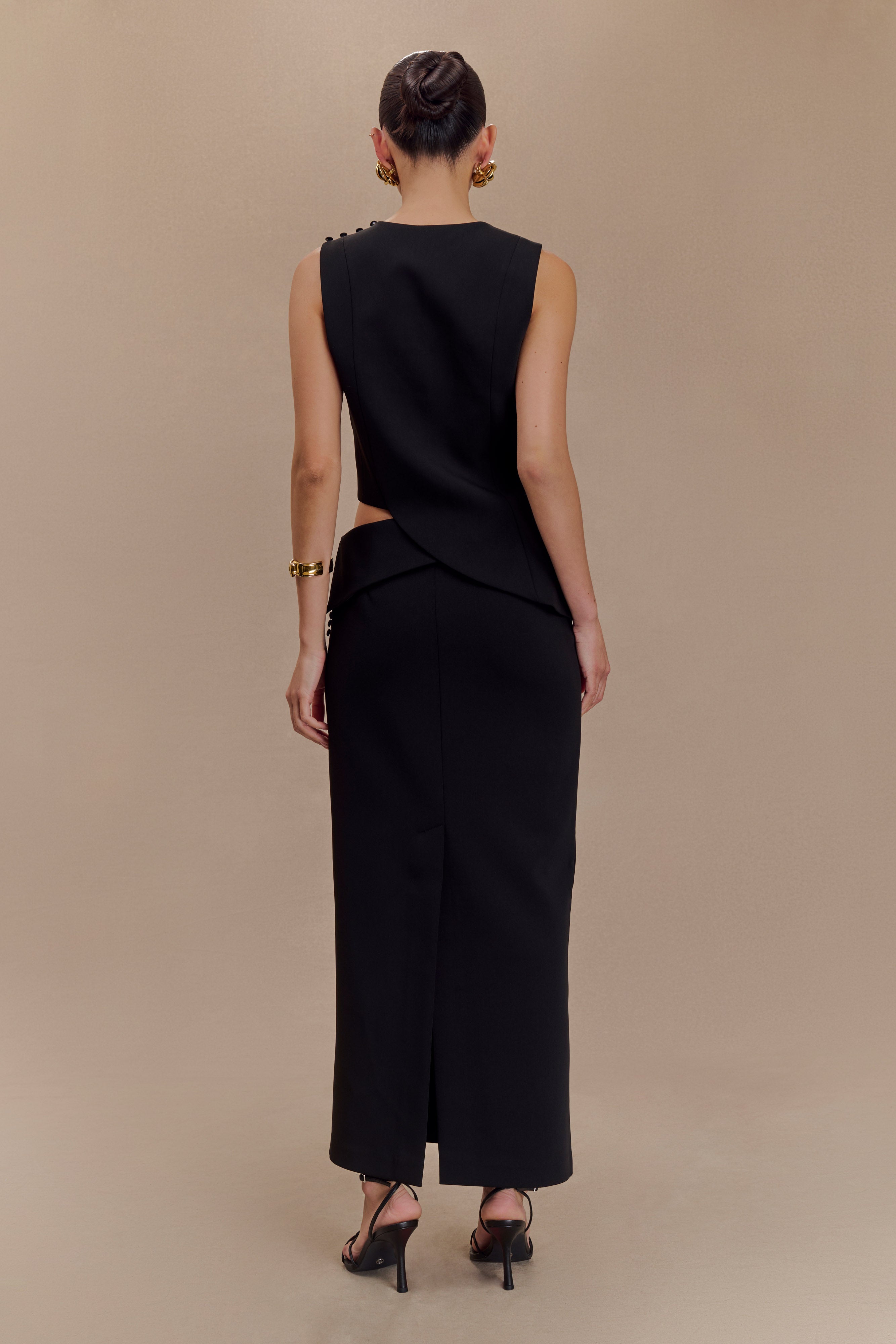 Black Suiting Midi Skirt with Asymmetrical Waist | Astrid