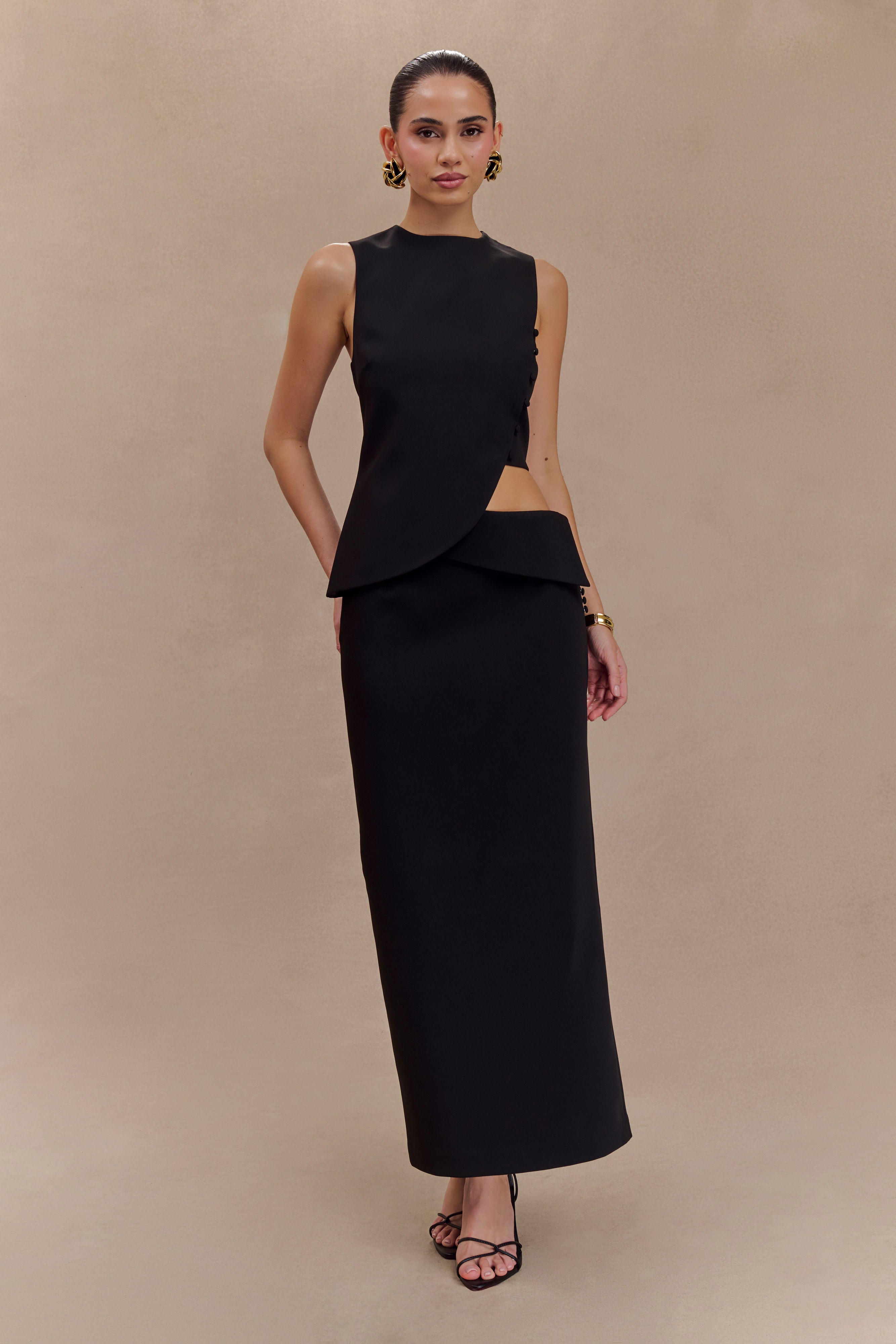 Black Suiting Midi Skirt with Asymmetrical Waist | Astrid