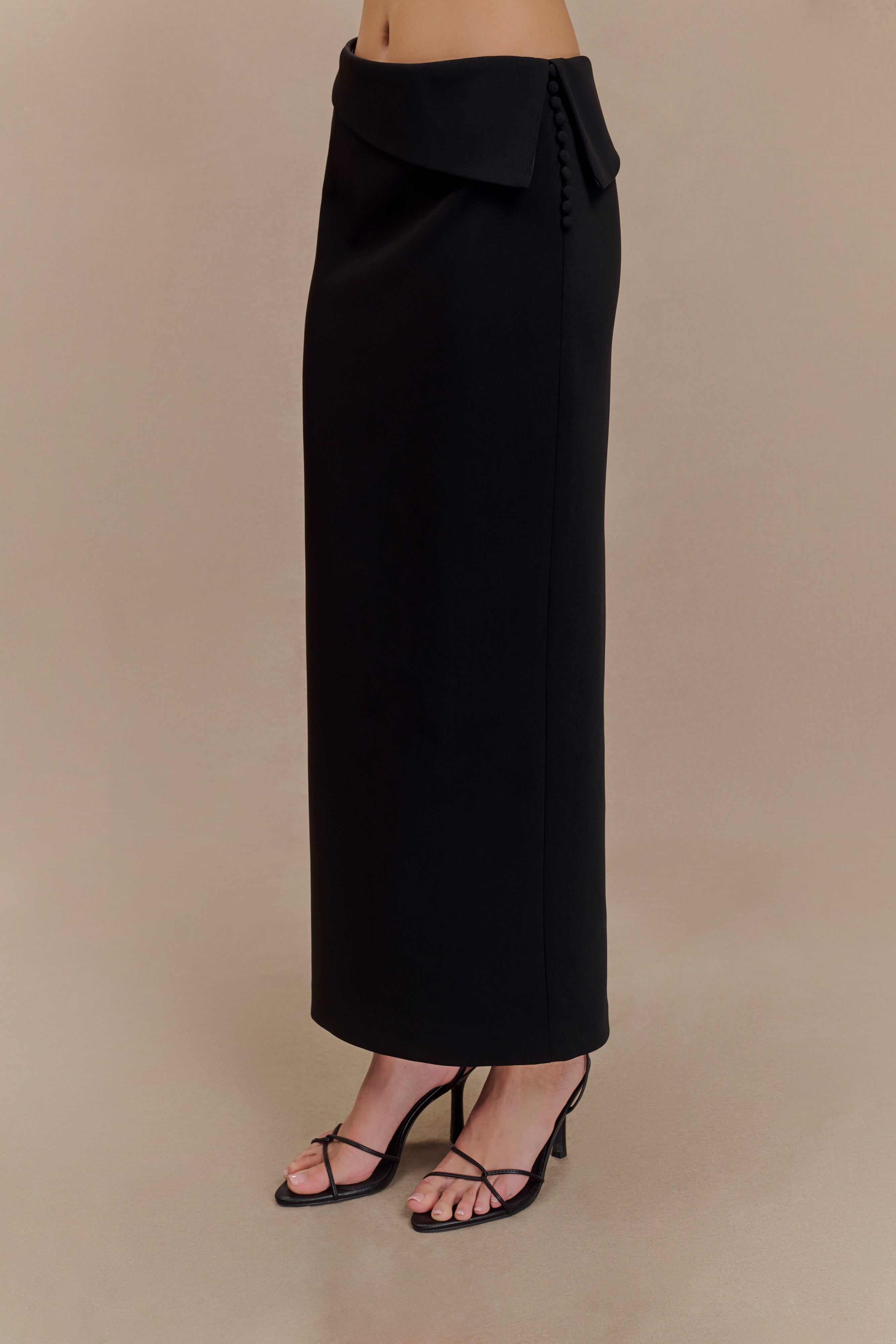 Black Suiting Midi Skirt with Asymmetrical Waist | Astrid