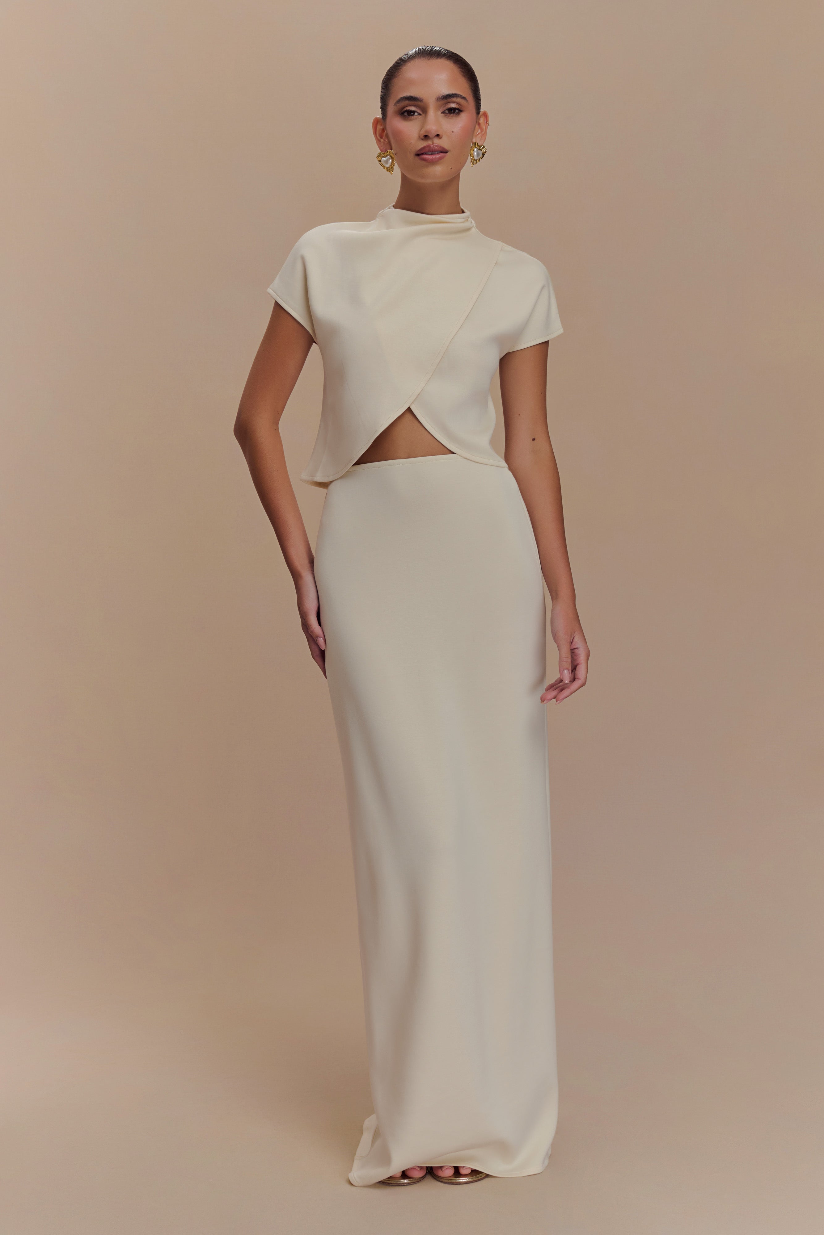 High-Waisted Scuba Jersey Maxi Skirt with Fishtail Hem | Eris Ivory