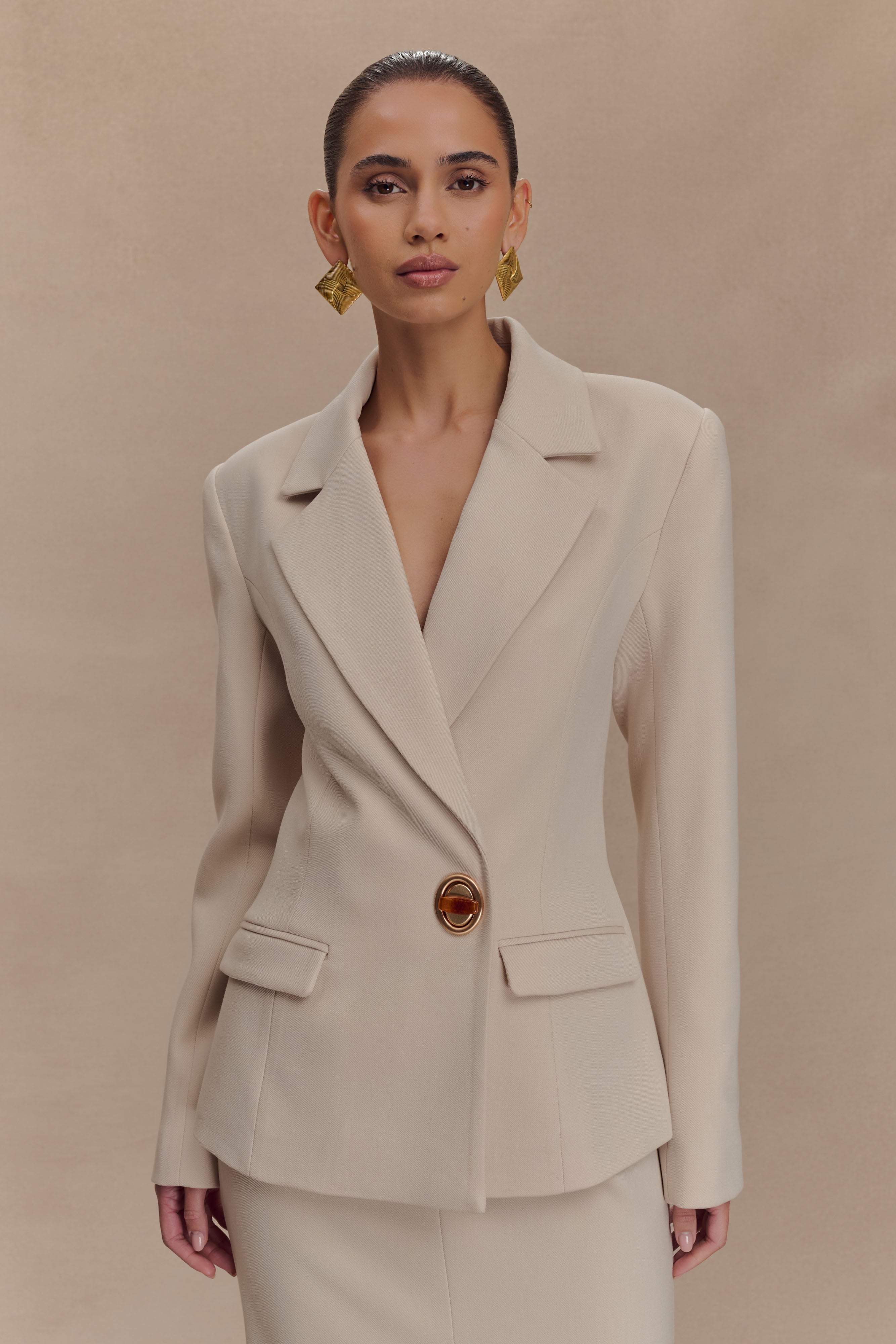 Tailored Cinched Waist Blazer with Structured Shoulders | MAX Ivory Stone