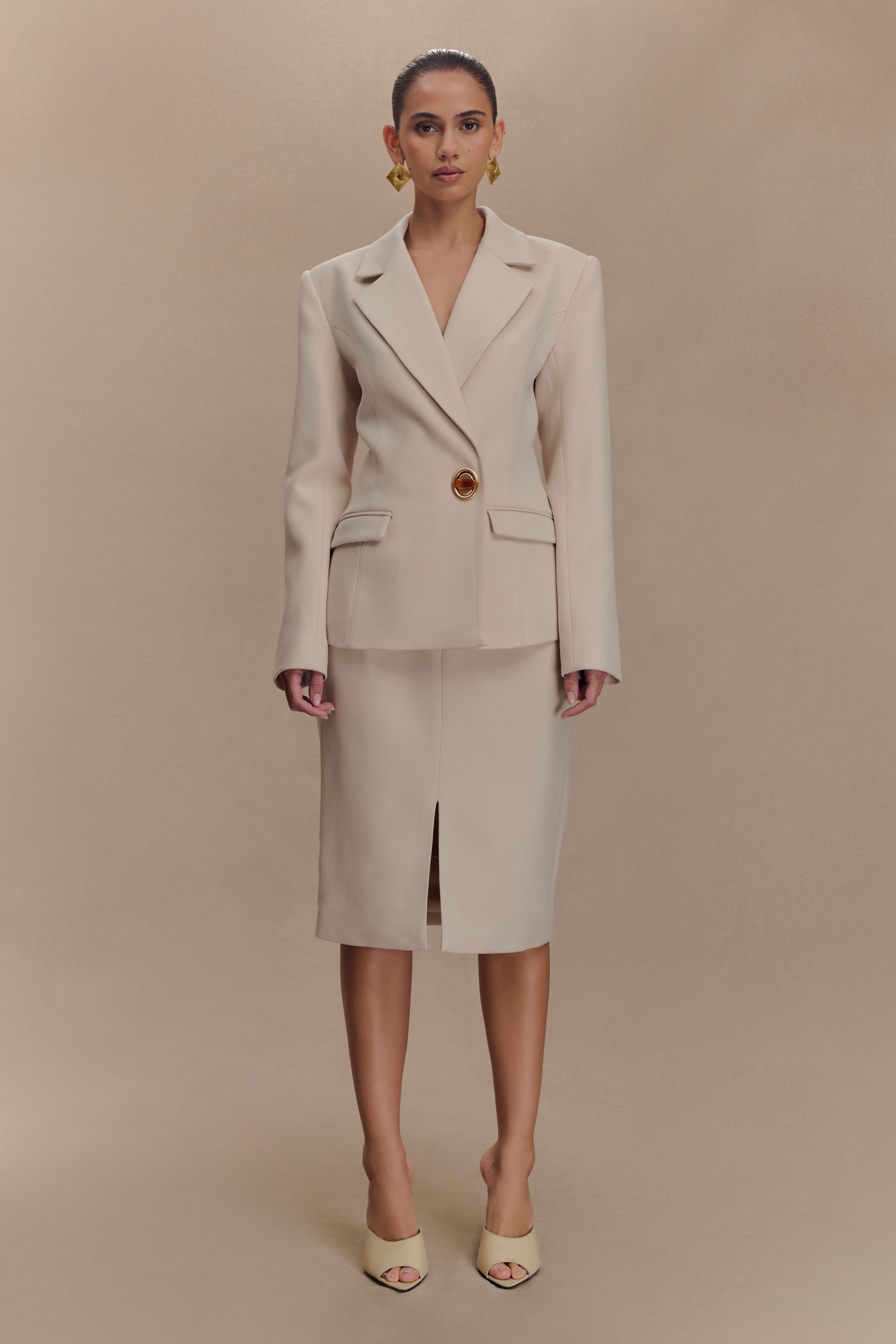 Tailored Cinched Waist Blazer with Structured Shoulders | MAX Ivory Stone
