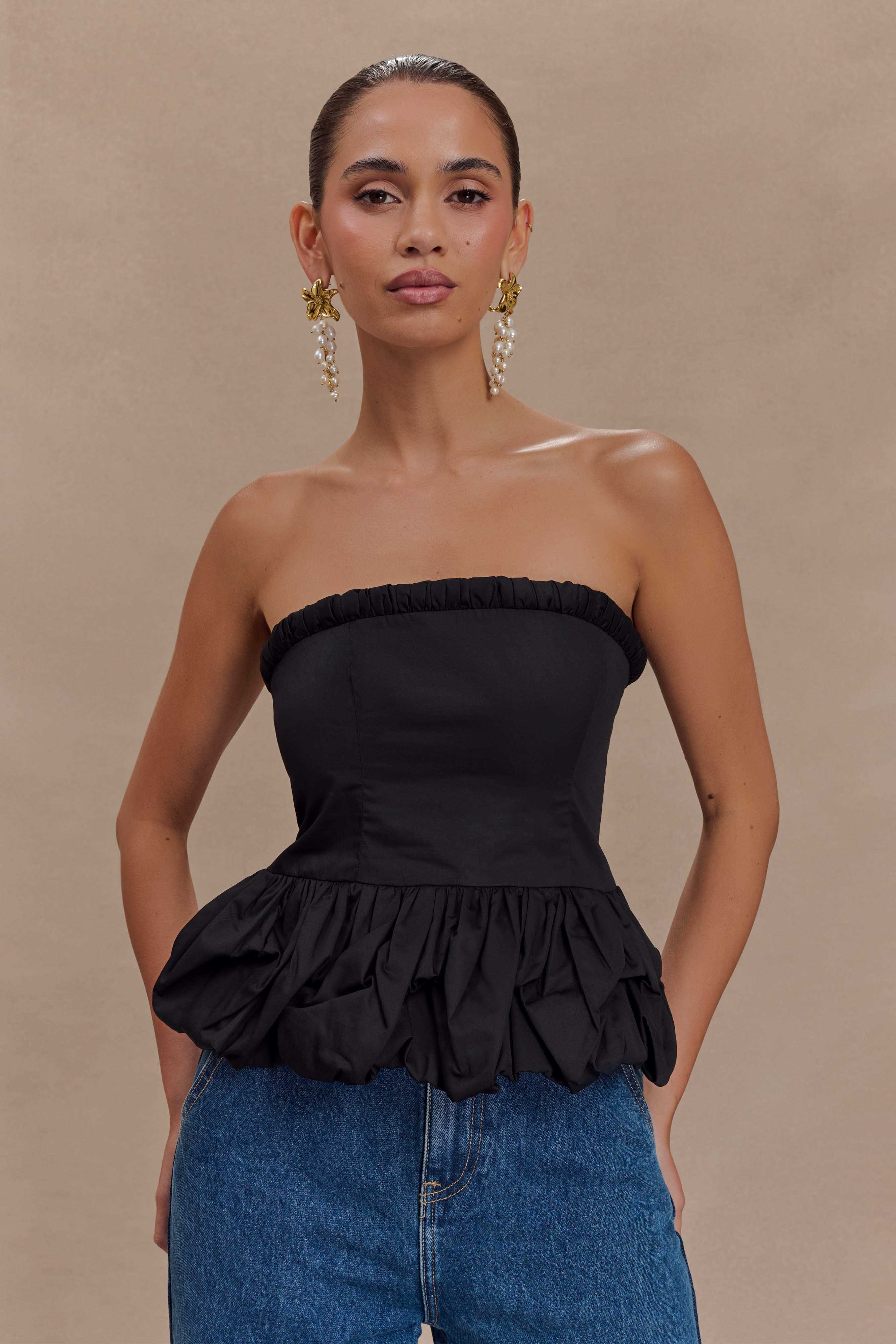 Ruched Strapless Top with Bubble Peplum & Elastic Neckline | Cora Black