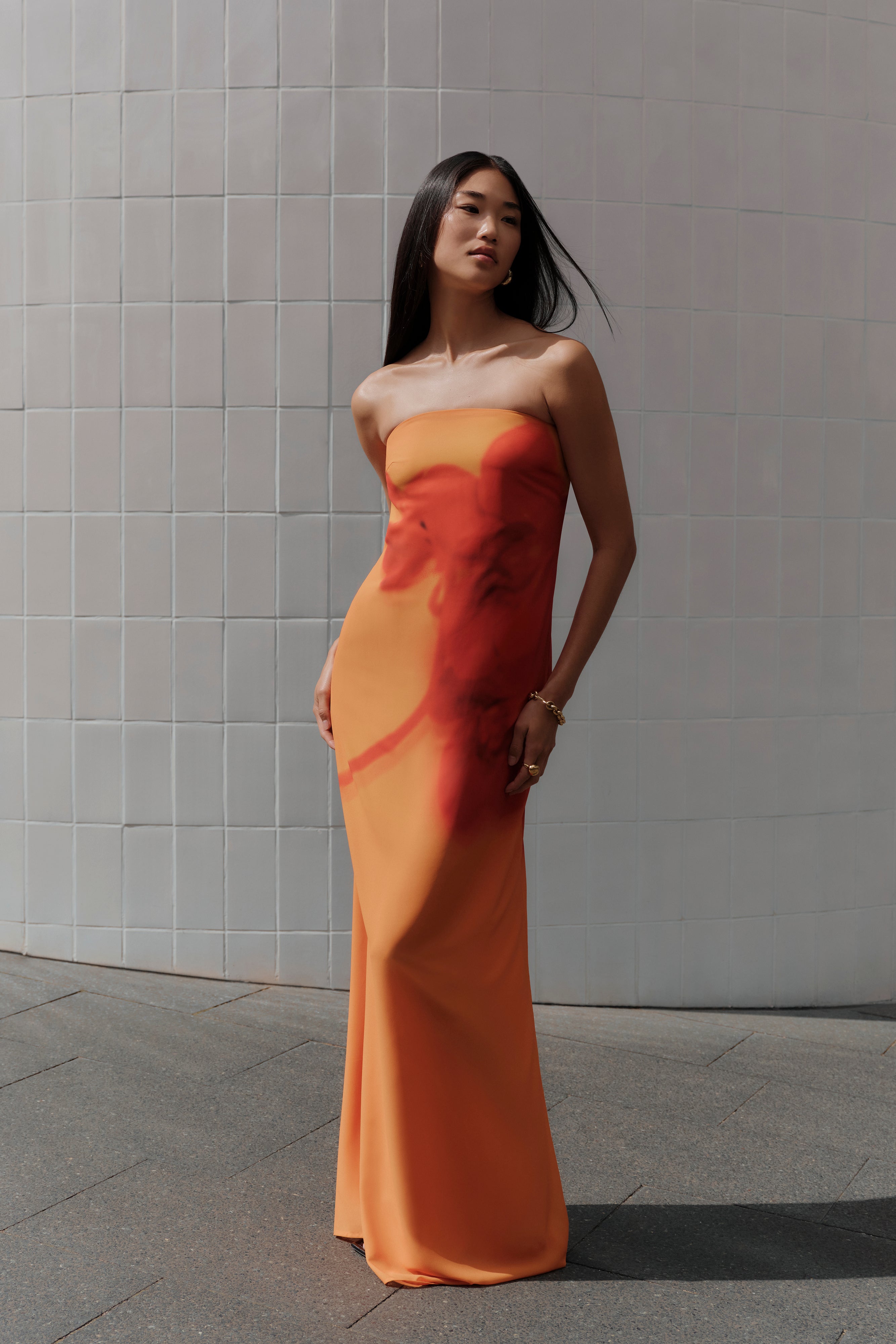 Strapless Chiffon Maxi Dress with Koi Orchid Print | Amaya